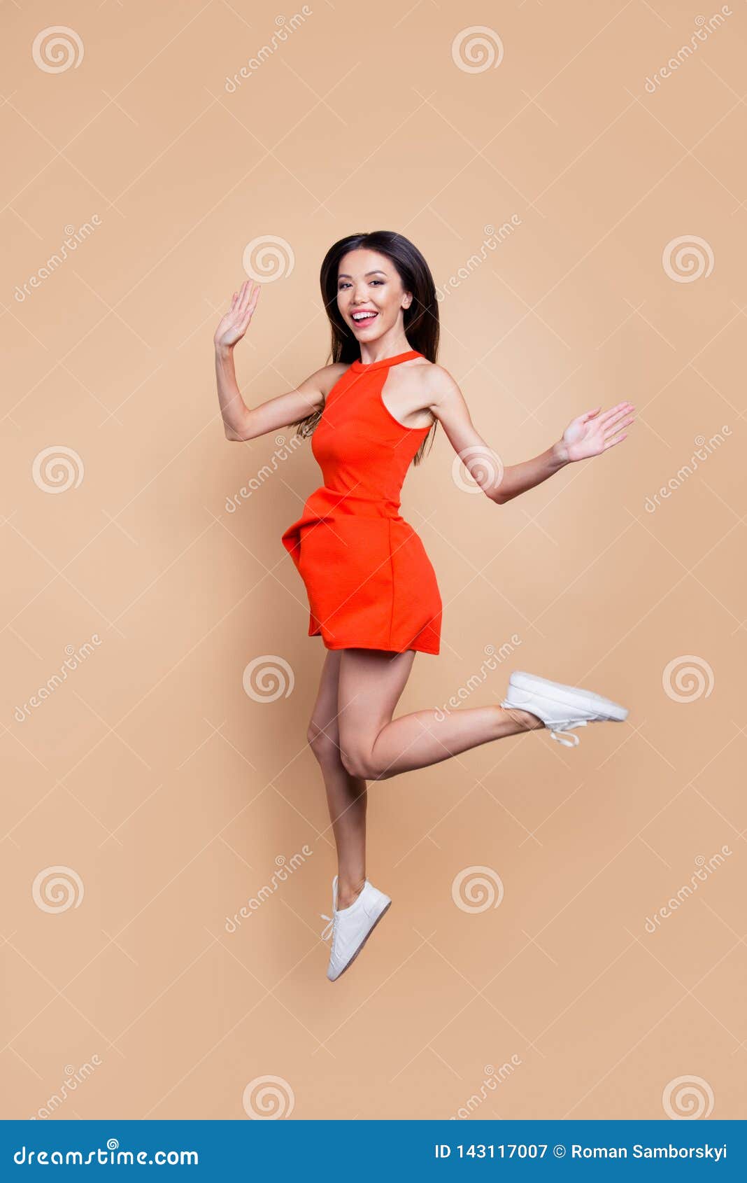 vertical full body length size studio photo of cheerful delightf