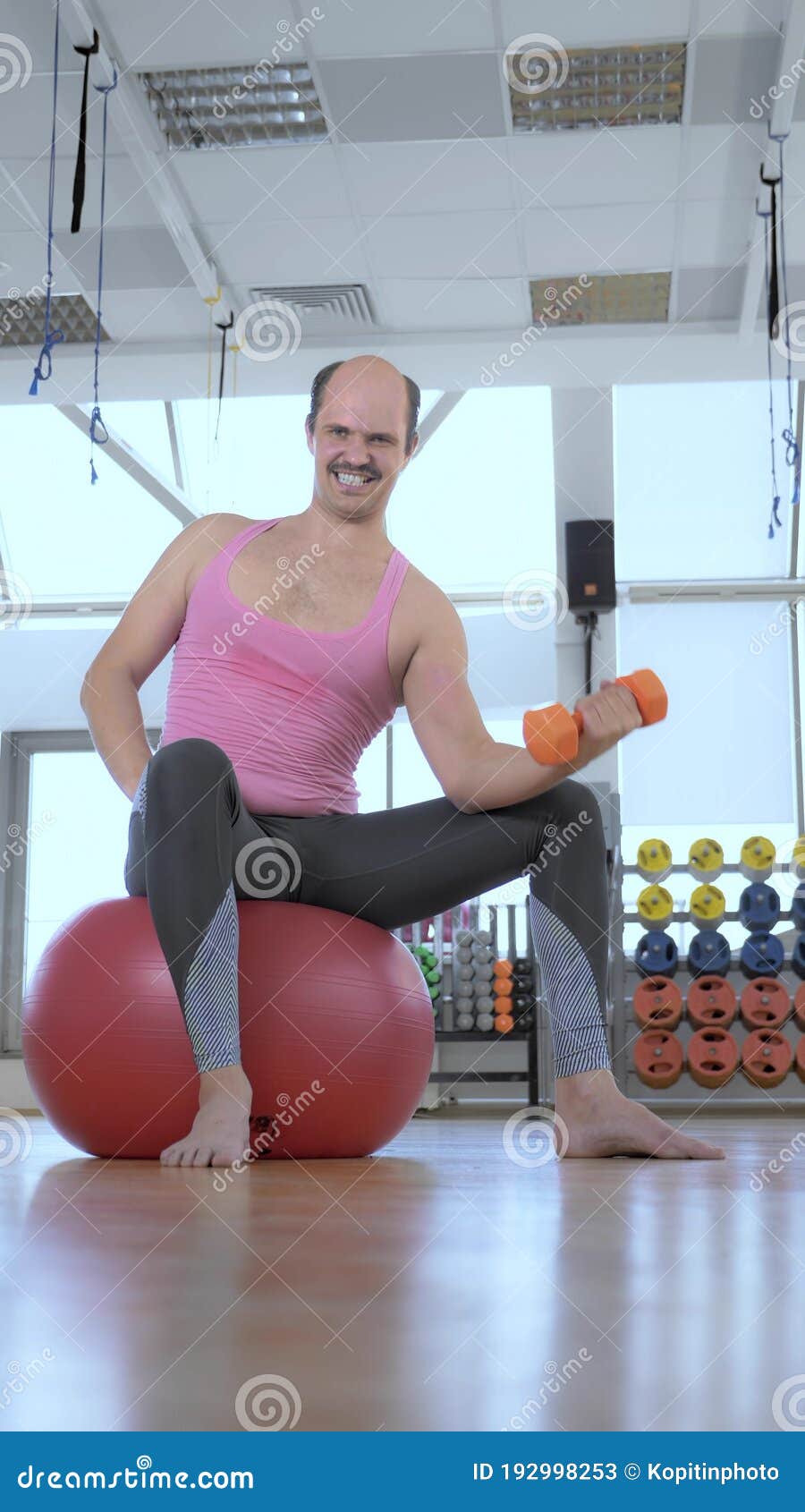 Vertical, Full Growth. Funny Bald Man Doing Fitness in the Gym Stock Image  - Image of lifestyle, body: 192998253