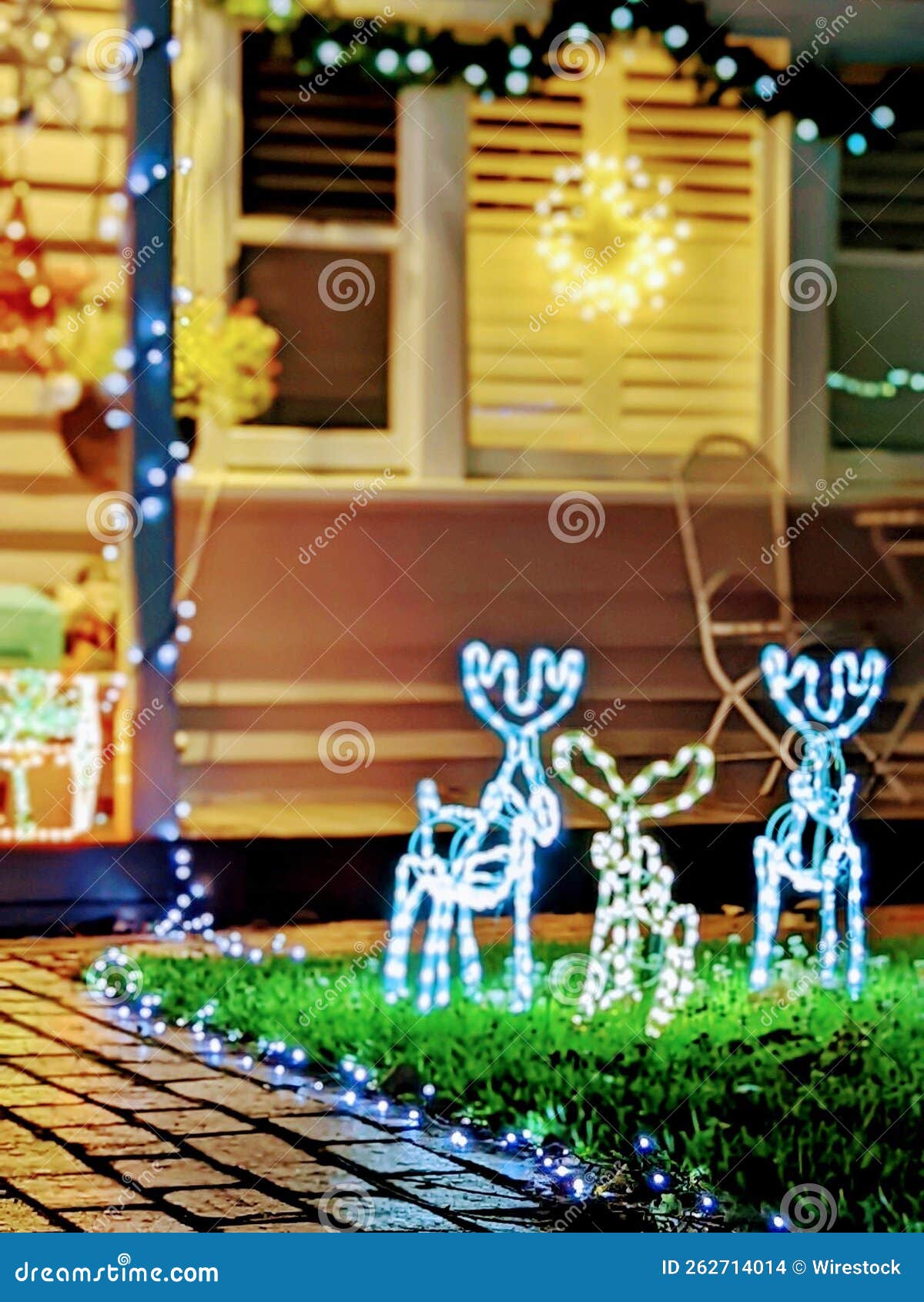 Vertical of Glowing Christmas Decorations in Front of a House at Night