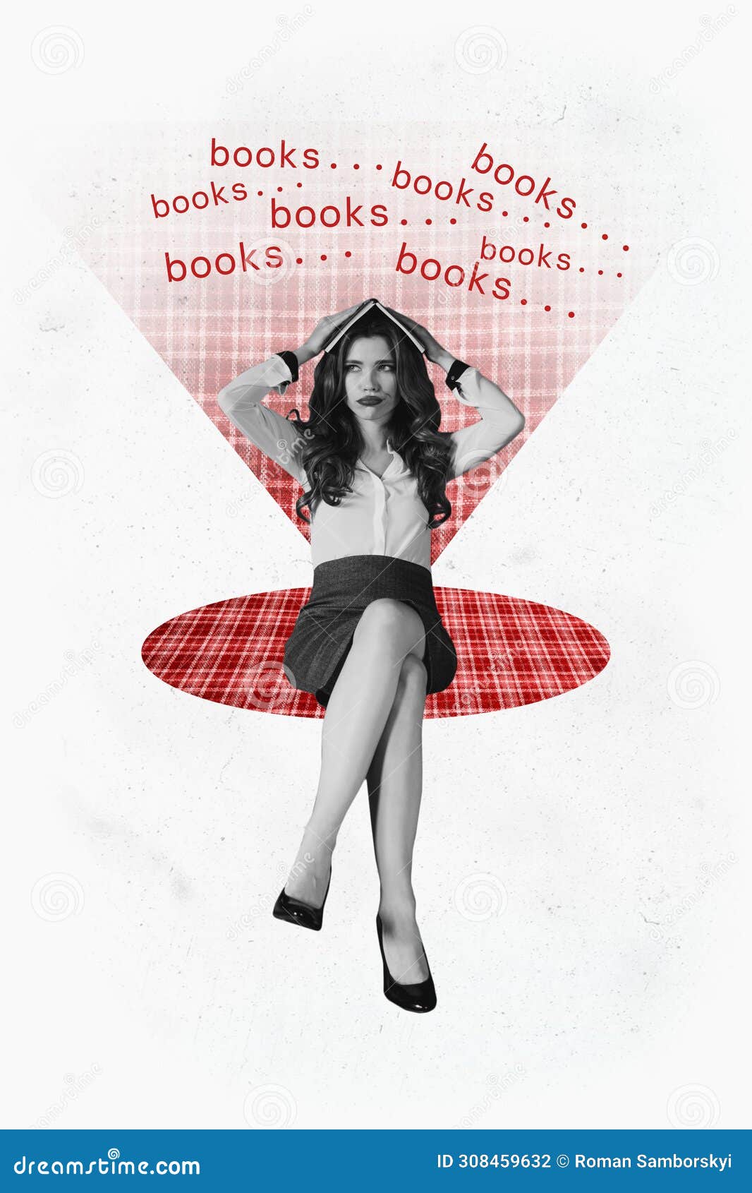 vertical graphics collage image of uninterested uneducated girl hold book head literature bored red checkered mat