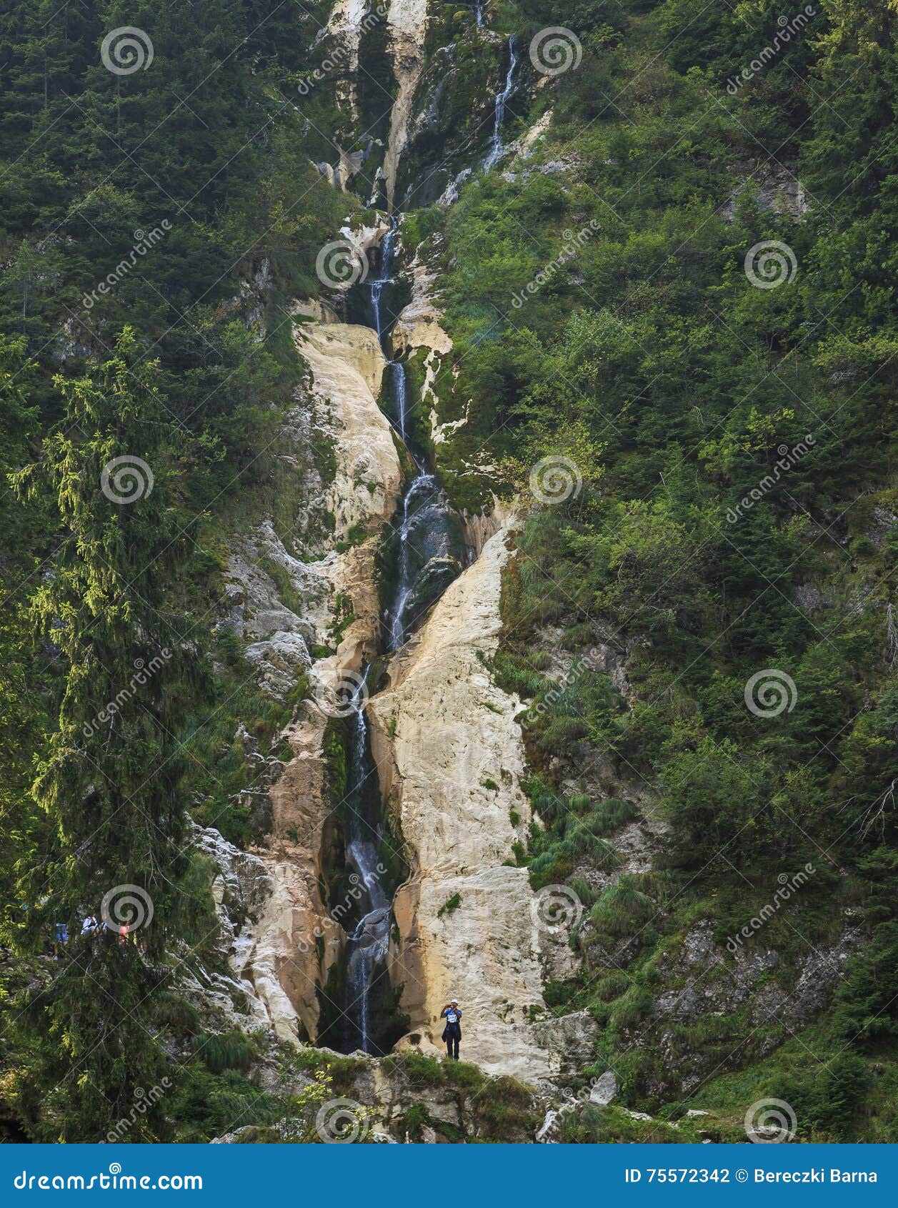 Vertical image of the high waterfall in summer