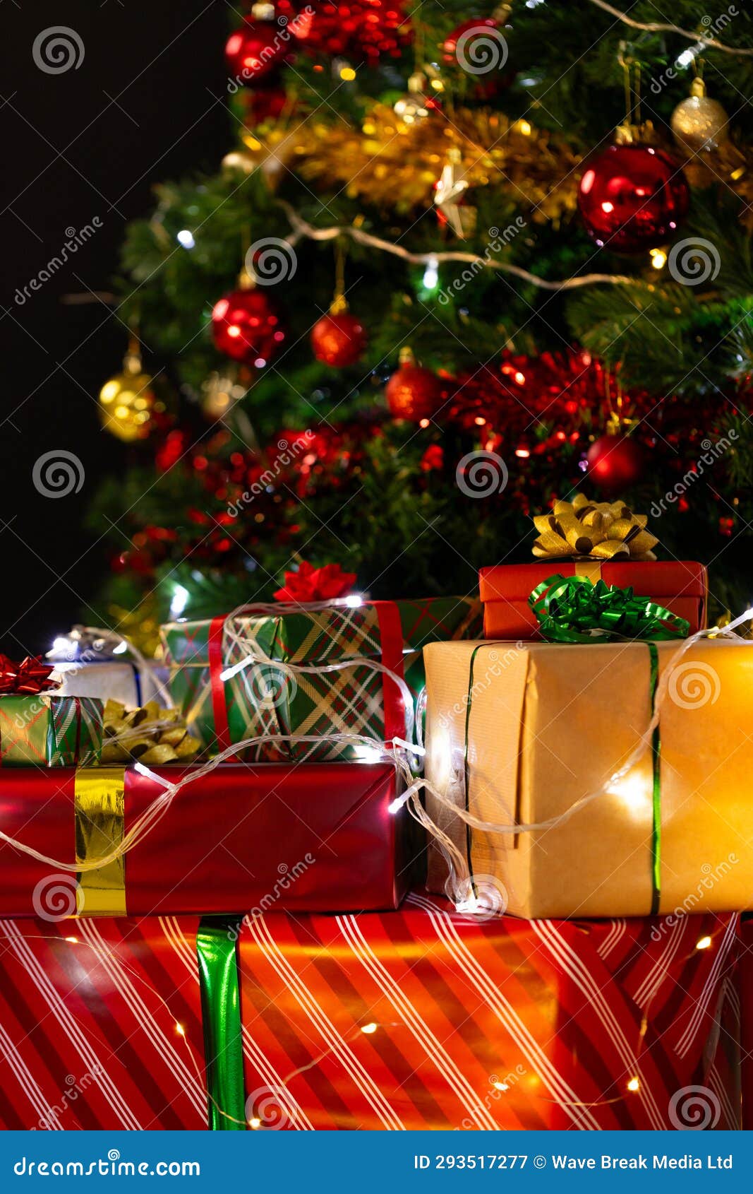 Vertical Image of Presents and Christmas Tree with Baubles, Decorations