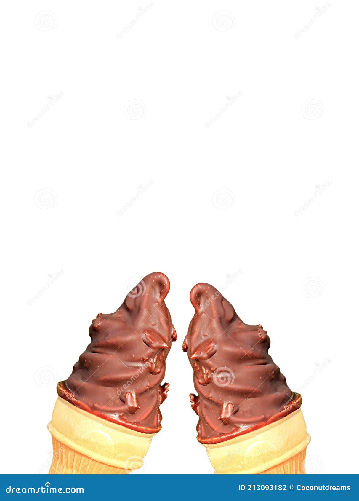 two chocolate coating soft serve ice cream cones clinking on white background
