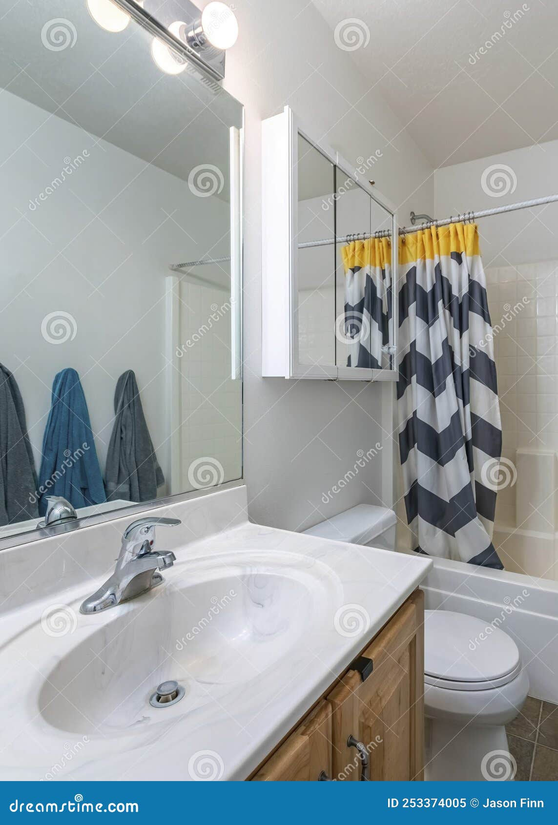 Vertical Interior of a Small Bathroom with Gray and Blue Towels Hanging