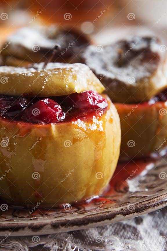 Baked Apples with Cranberries Macro Stock Image - Image of bake, honey