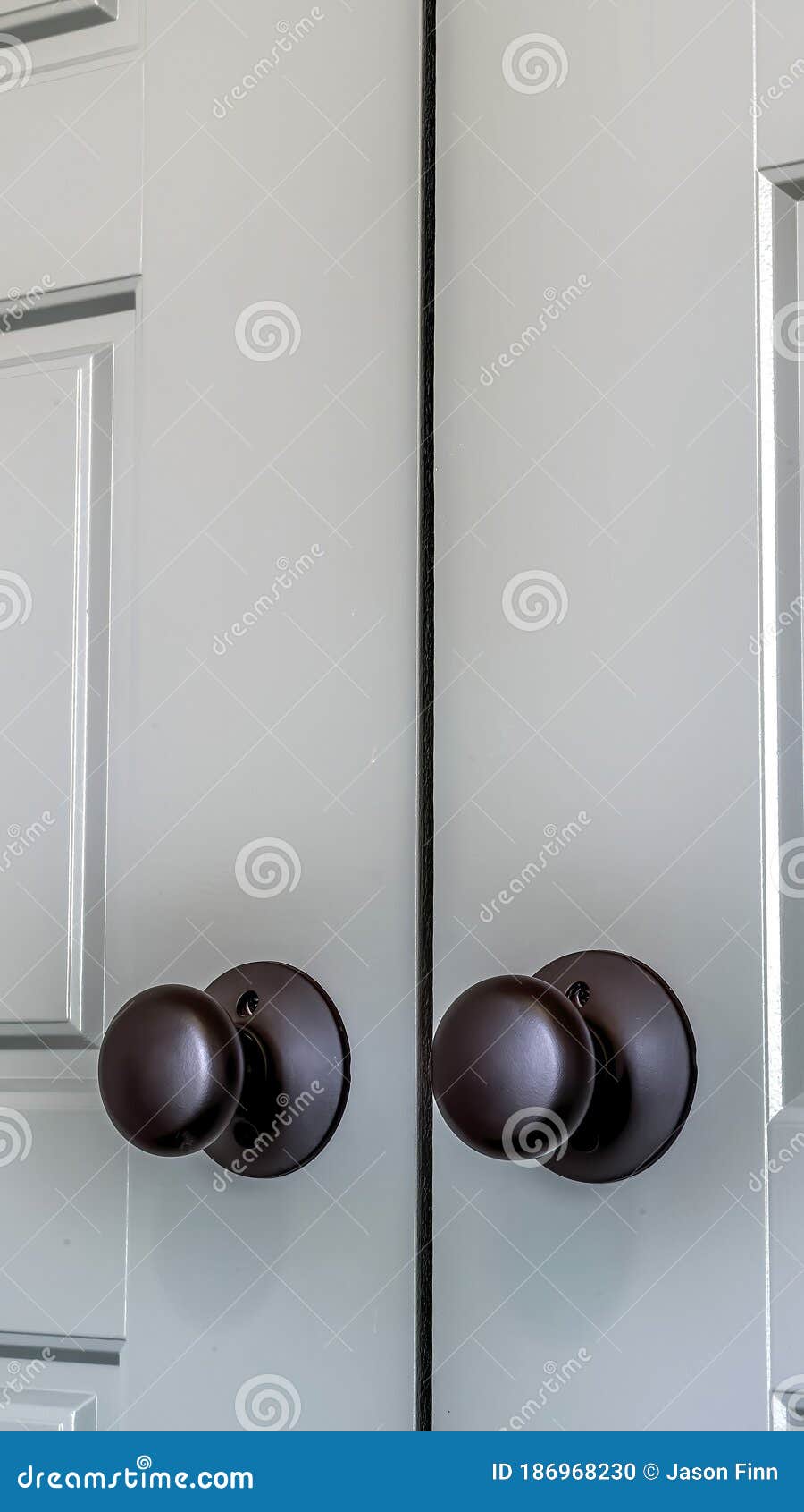 Vertical Matte Black Round Door Knobs of a Double Door with Paneling
