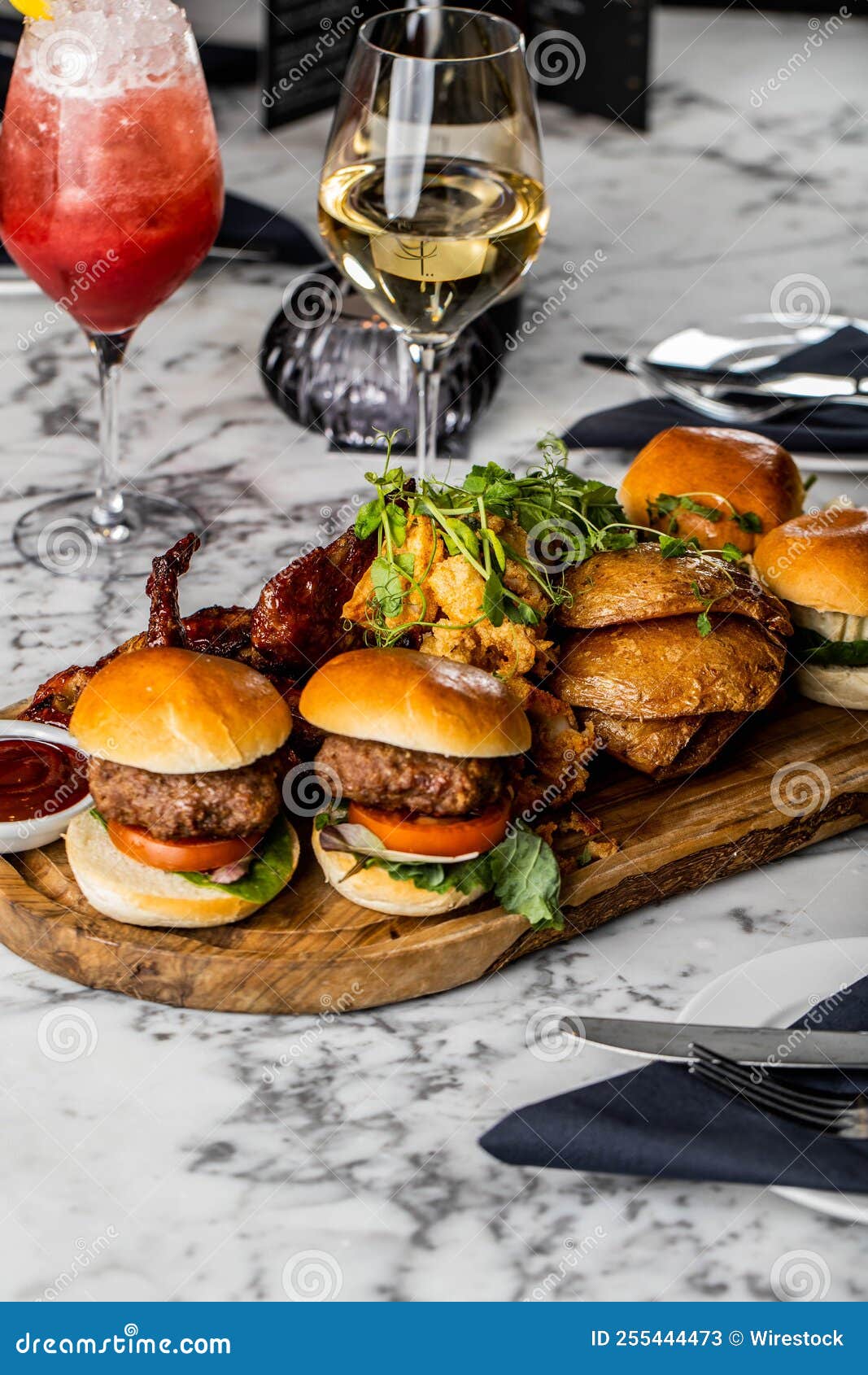 Vertical of Mini Burgers with Drinks Served in a Restaurant Stock Image Image of restaurant
