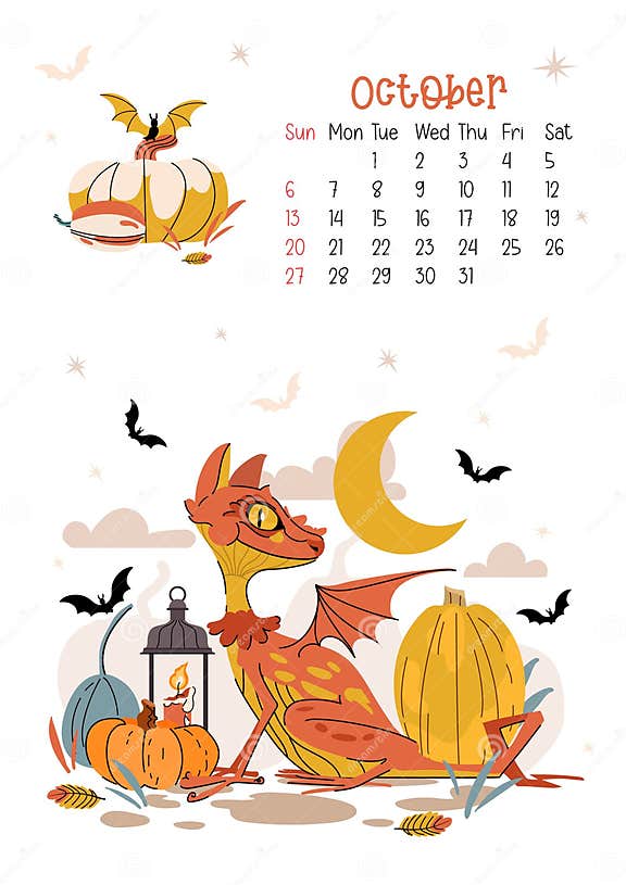 Vertical Page Calendar for October 2024 with Halloween Dragon. the