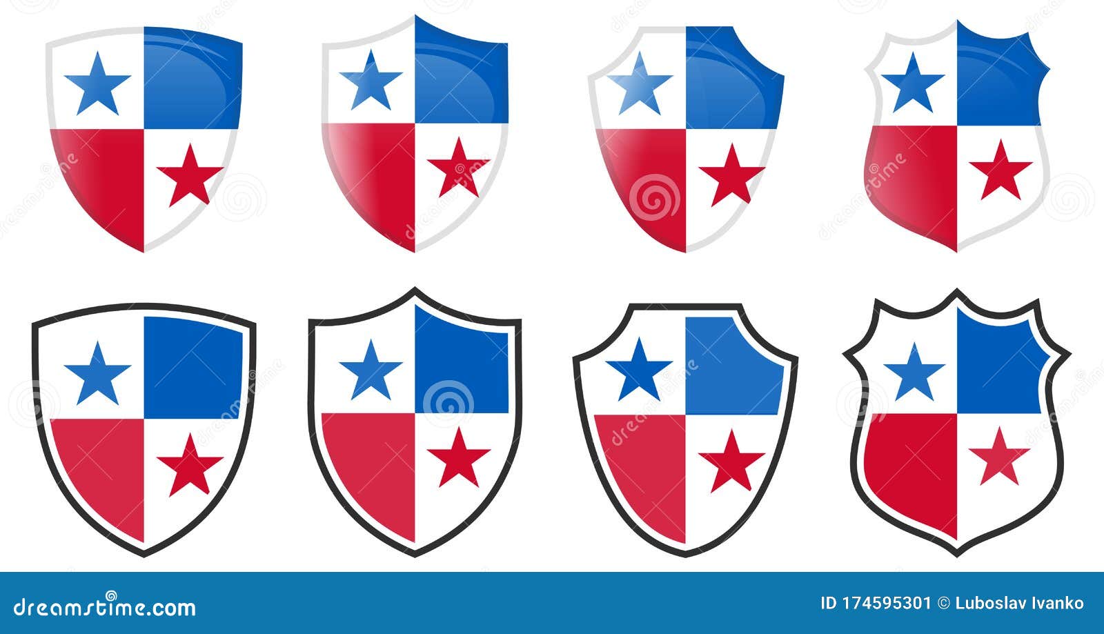 Vertical Panama Flag in Shield Shape, Four 3d and Simple Versions Stock