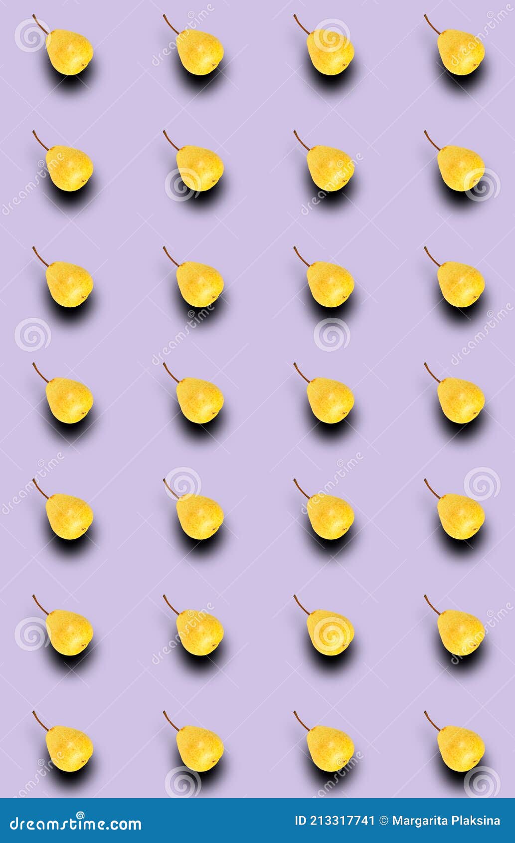 vertical pattern with a fresh whole pear on a lilac background. fruit template