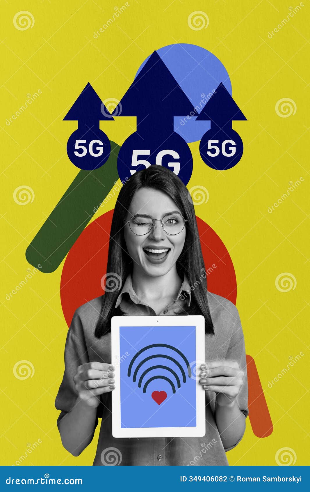 vertical photo collage of happy girl hold ereader wifi free zone 5g connection hotspot arrow growth speed  on