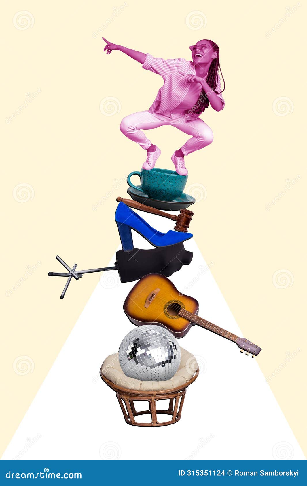 vertical photo collage of happy girl stand pile things disco ball guitar heels hammer cup saucer rarity retro 