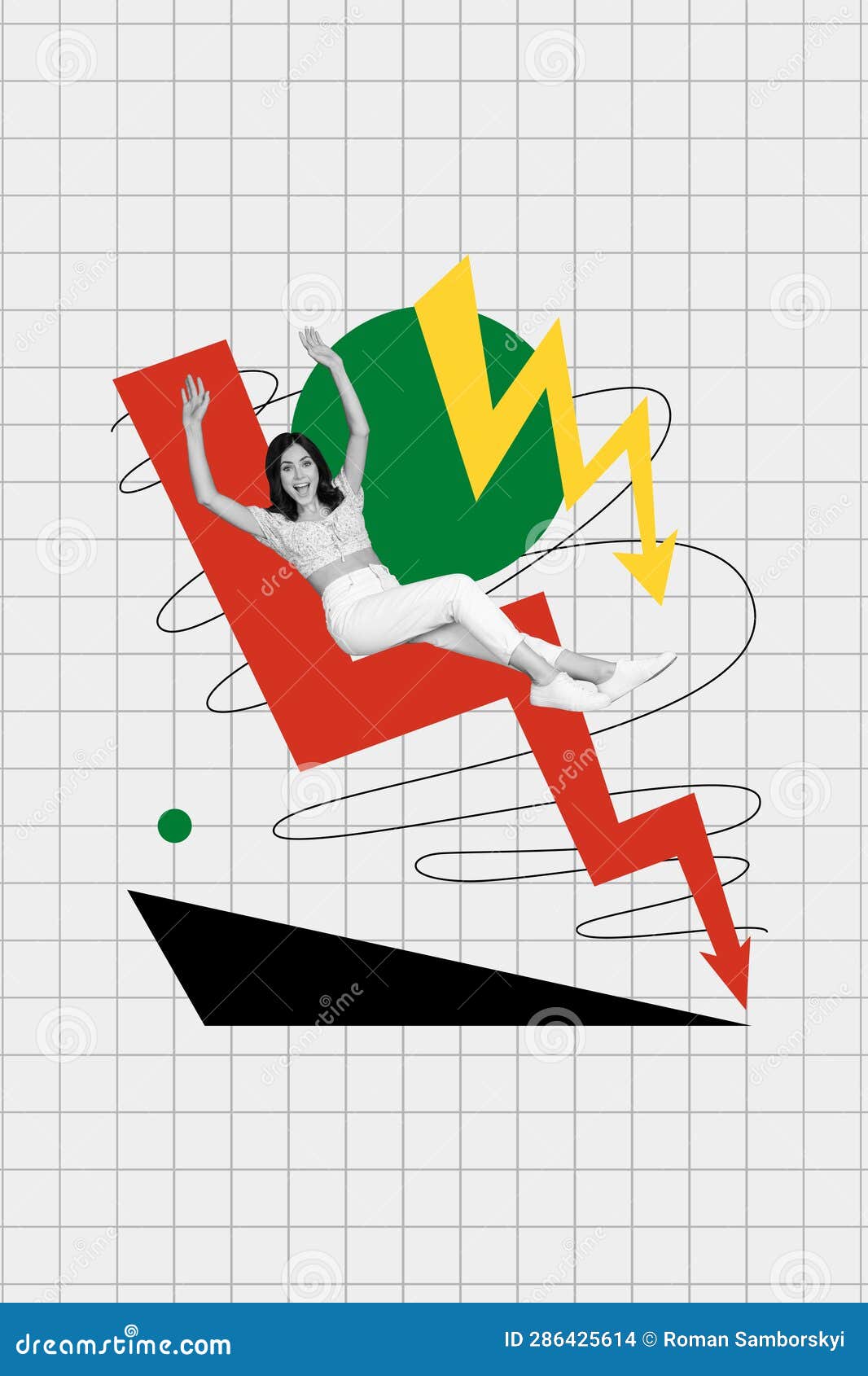 Vertical Photo Collage of Young Funny Business Lady Crash Dropping Down