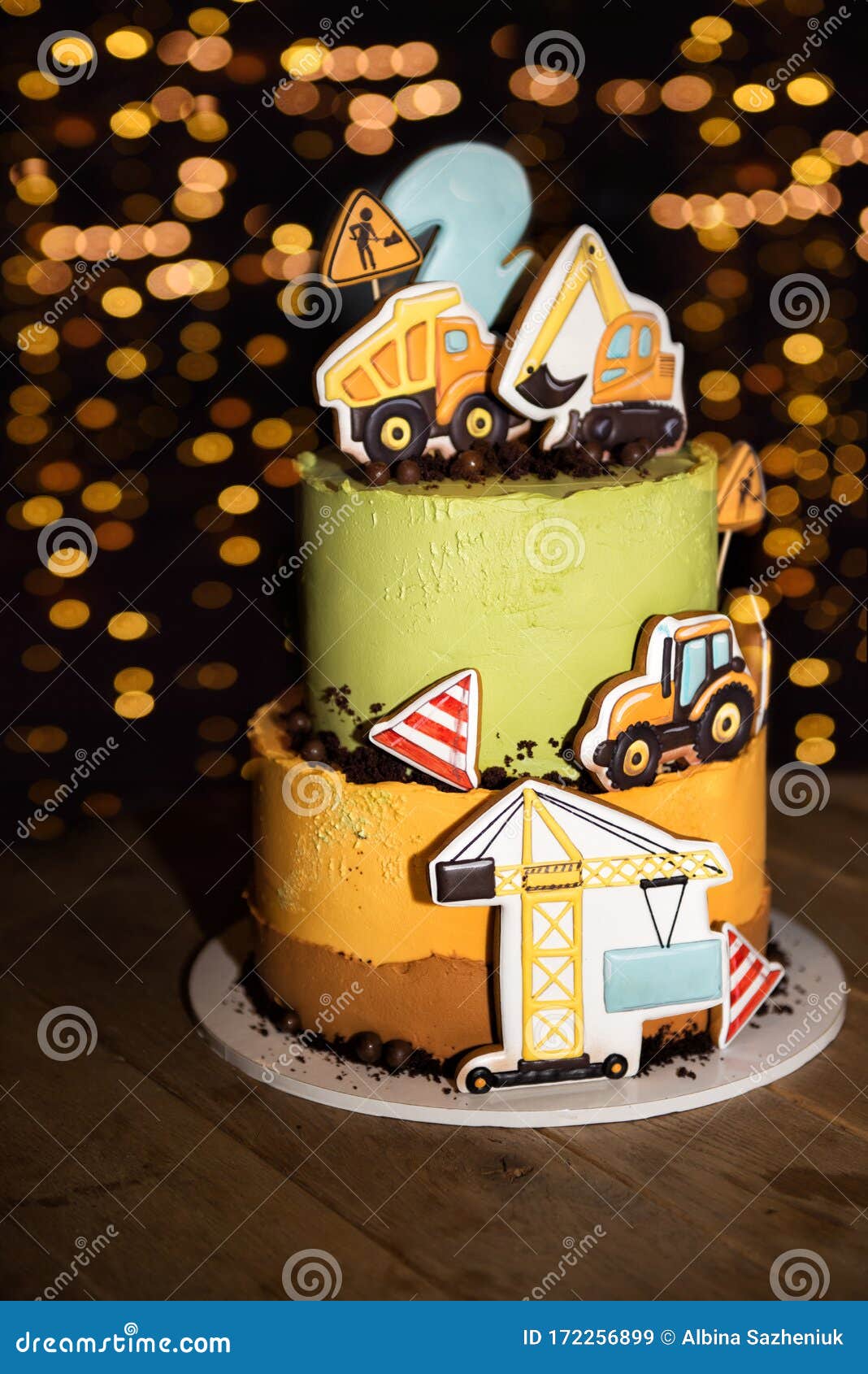 Vertical Picture of Colorful Birthday Cake for 2 Years Old Boy with Construction Work Decor on it and Light Bokeh on Background. Stock Image - Image of background, family: 172256899