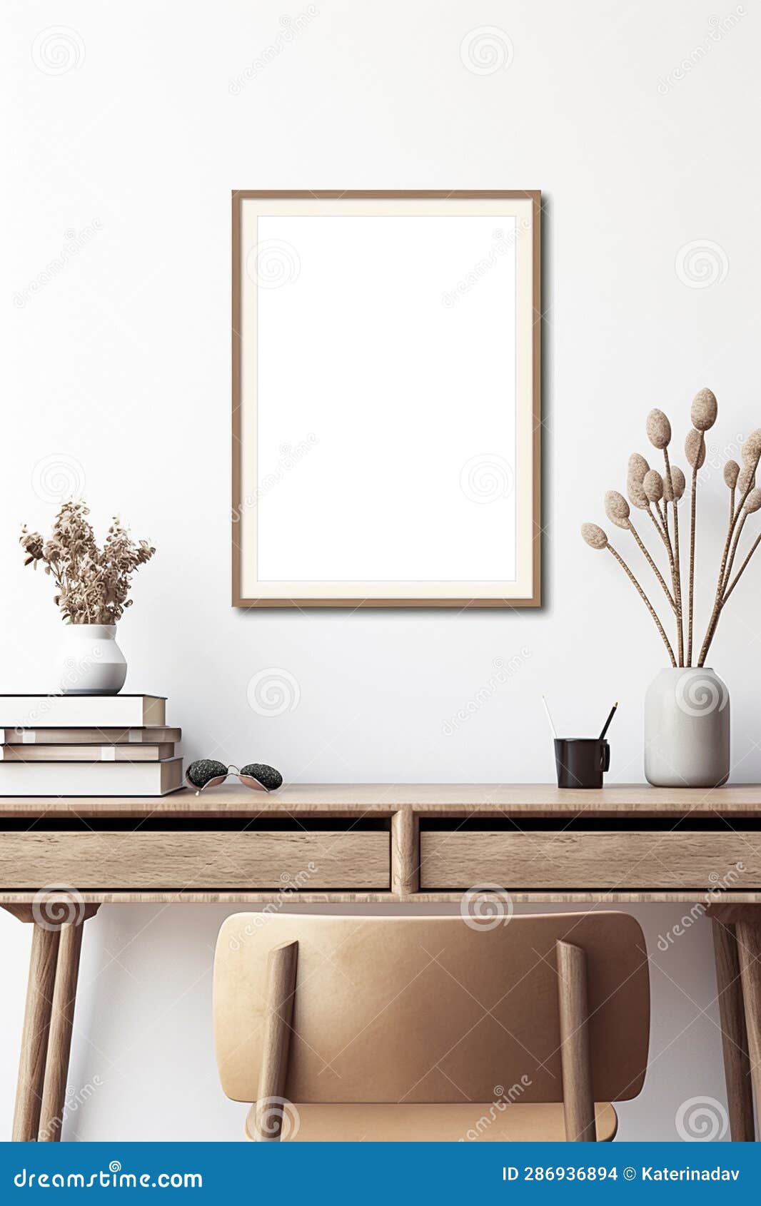 vertical picture frame with passe-partout mockup in home interior, blank copyspace, light tones, artwork mock-up. generative ai