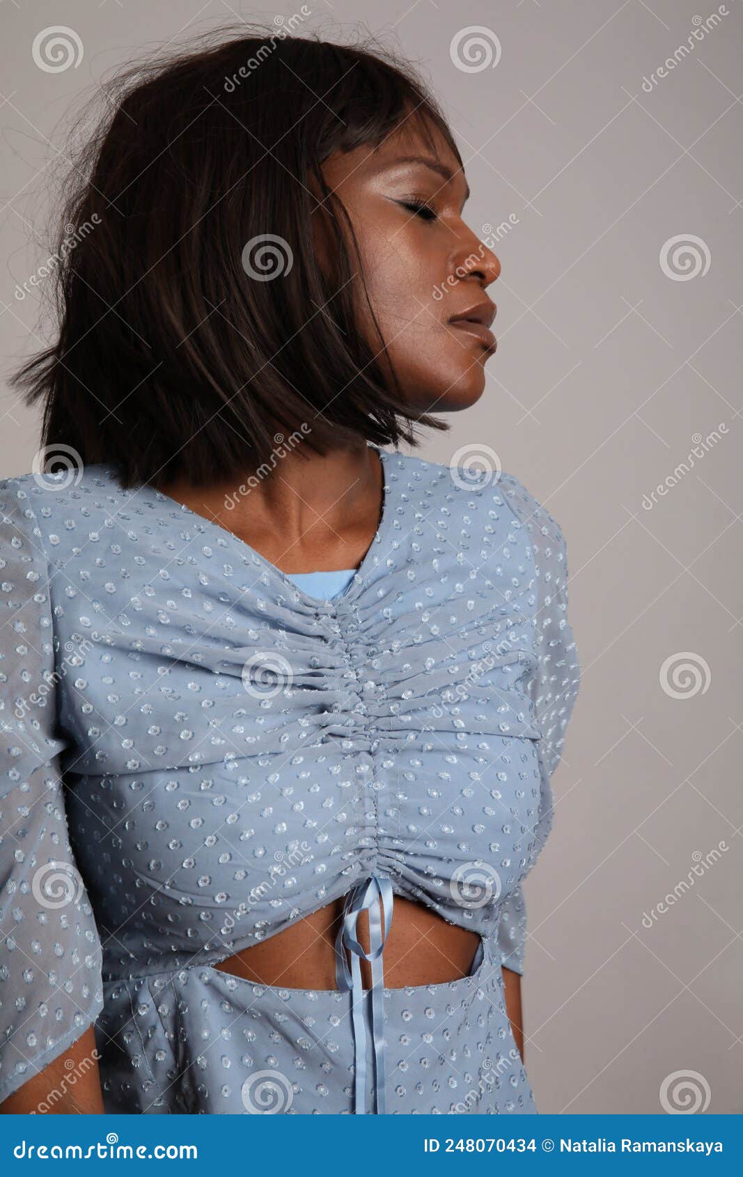 Portrait of African American Young Woman Wears Blue Dress Posing Indoor ...