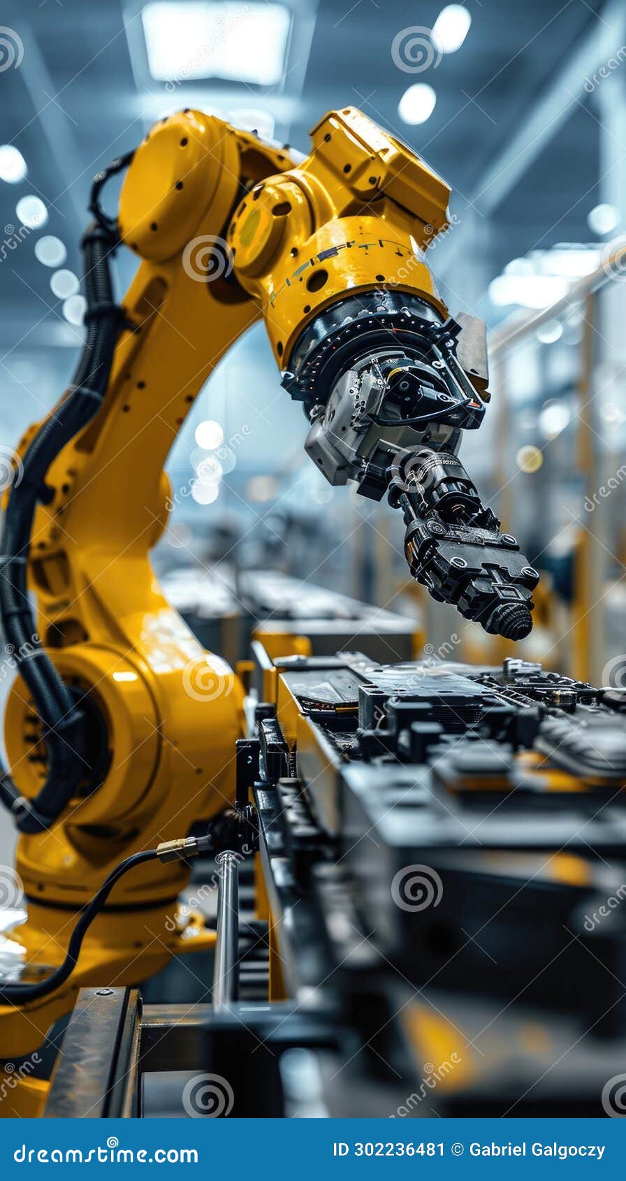 vertical portrait of automated robot arm in production factory assembly line
