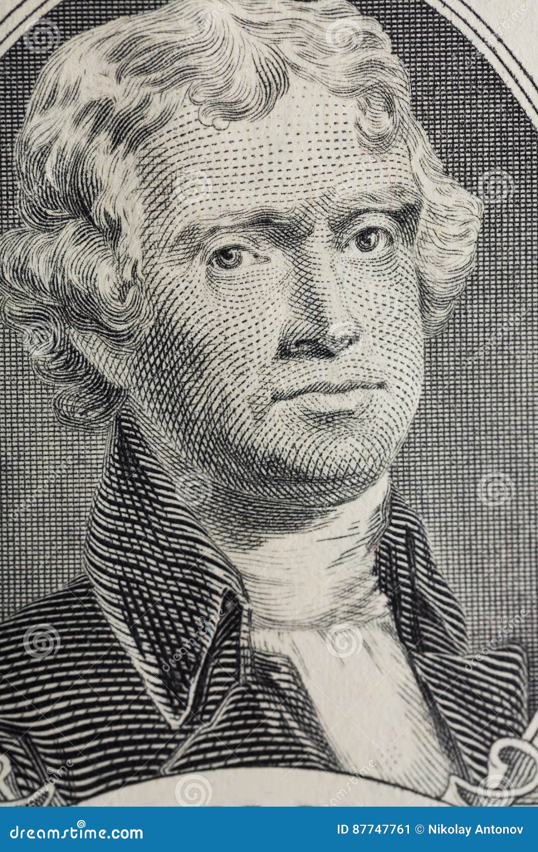 Vertical Portrait of Thomas Jefferson`s Face on the US 2 Dollar Bill