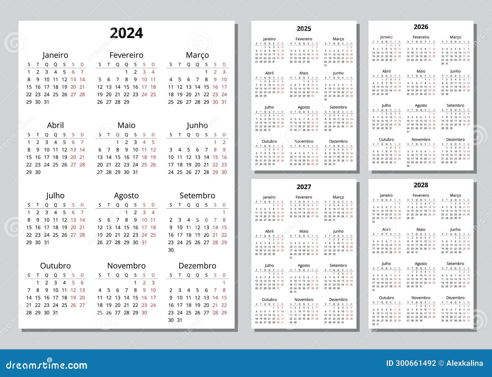 2024, 2025, 2026, 2027, 2028 Vertical Portuguese Calendars. Printable