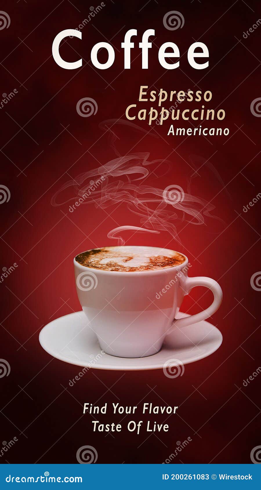 vertical poster with a cup of hot coffee on a red background
