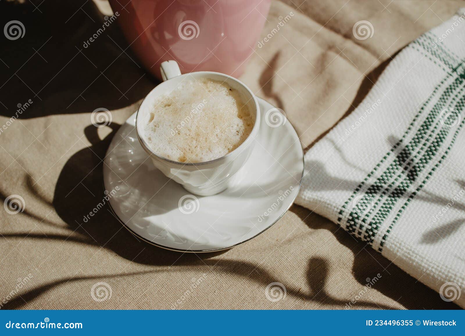 Vertical Shot of a Cup of Foamy Coffee on a Fabric Surface Stock Image Image of foamy, food