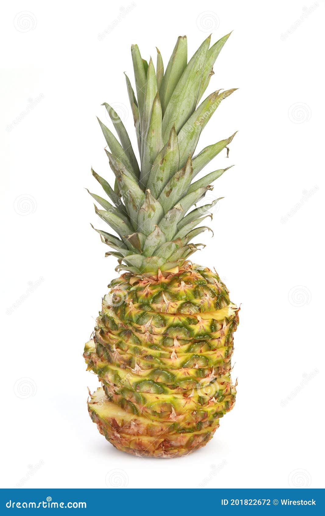 Vertical Shot of a Cut Pineapple with Stacked Pieces Isolated on a