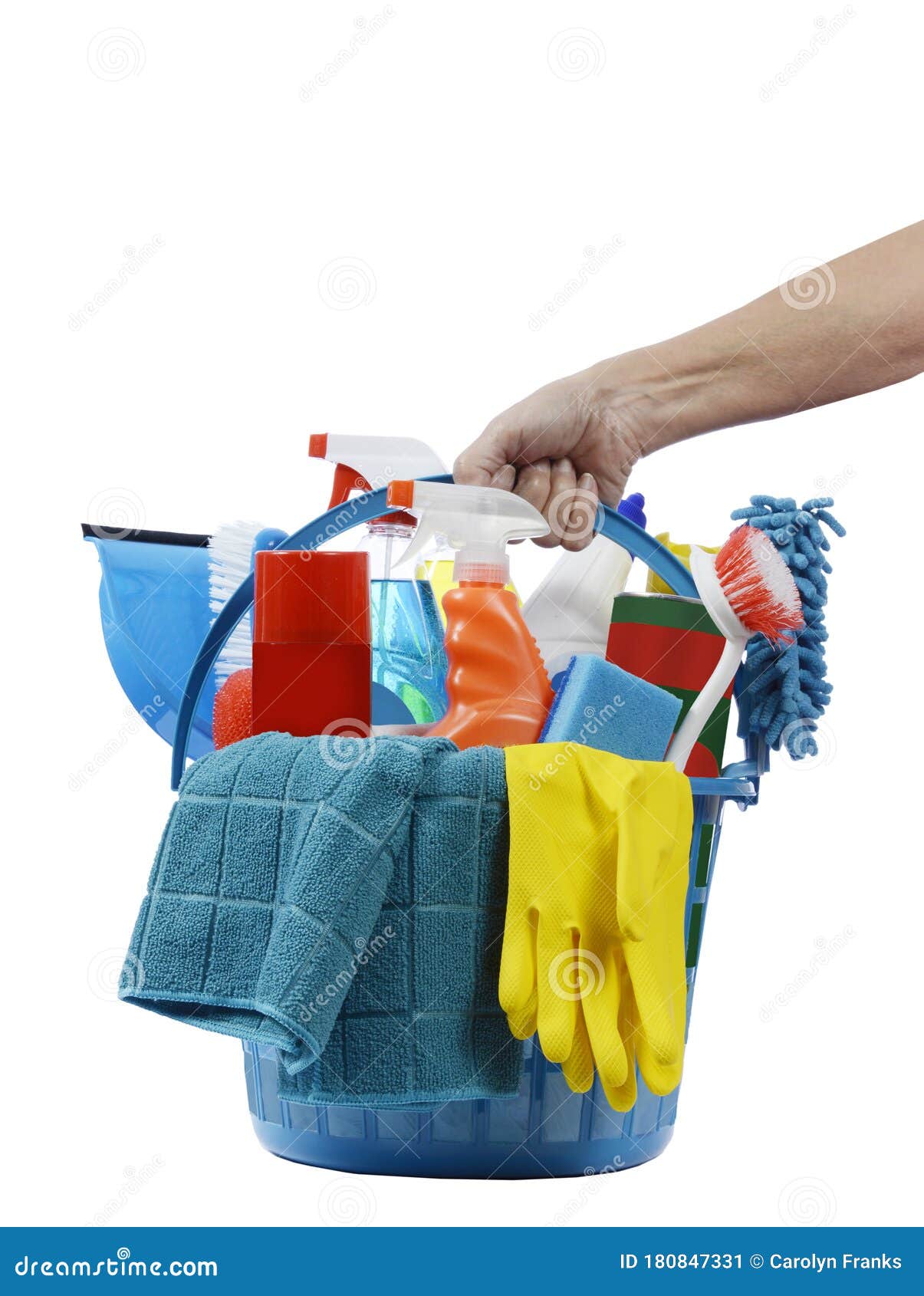 Basket with cleaning products on white background. Cleaning with