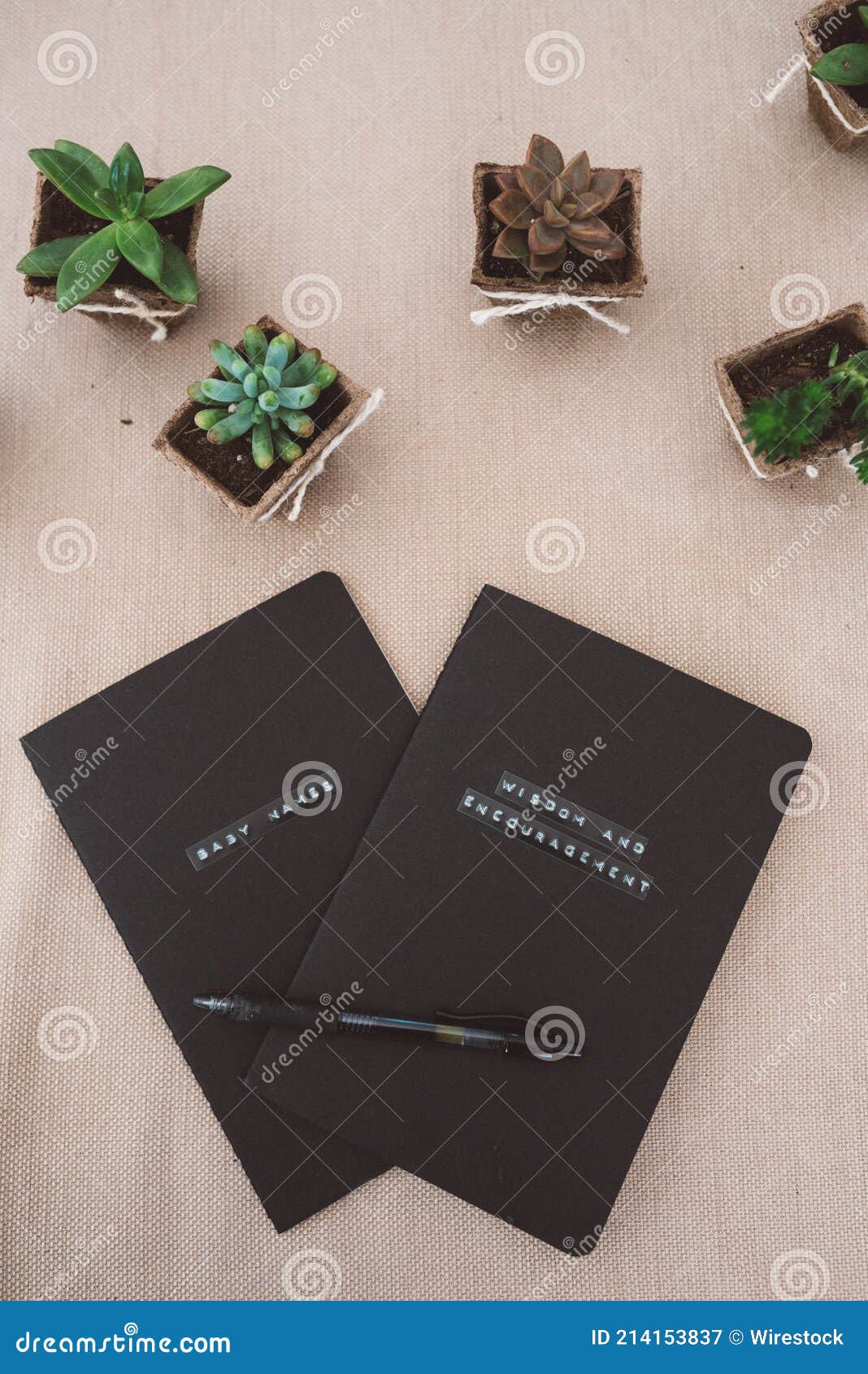 vertical shot of a handmade journal book beside succulent in pots  on a pink surface