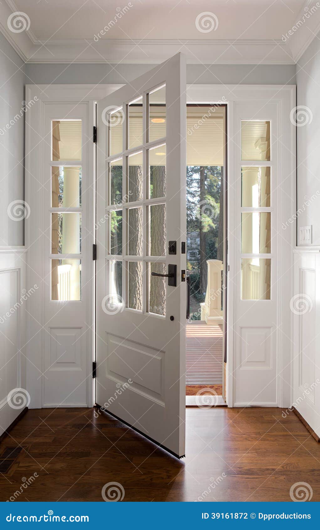 vertical shot of an open, wooden front door