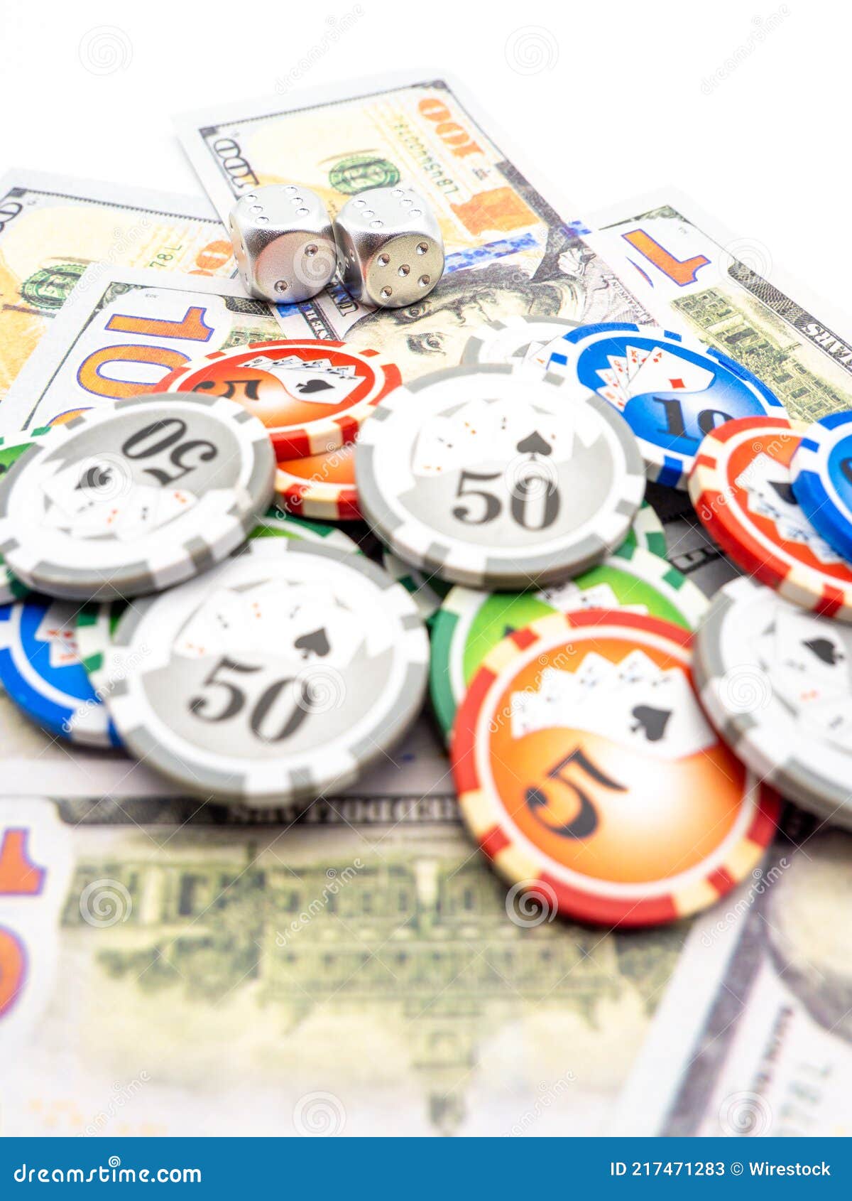 Vertical Shot of Poker Chips on Dollar Banknotes Stock Image Image of