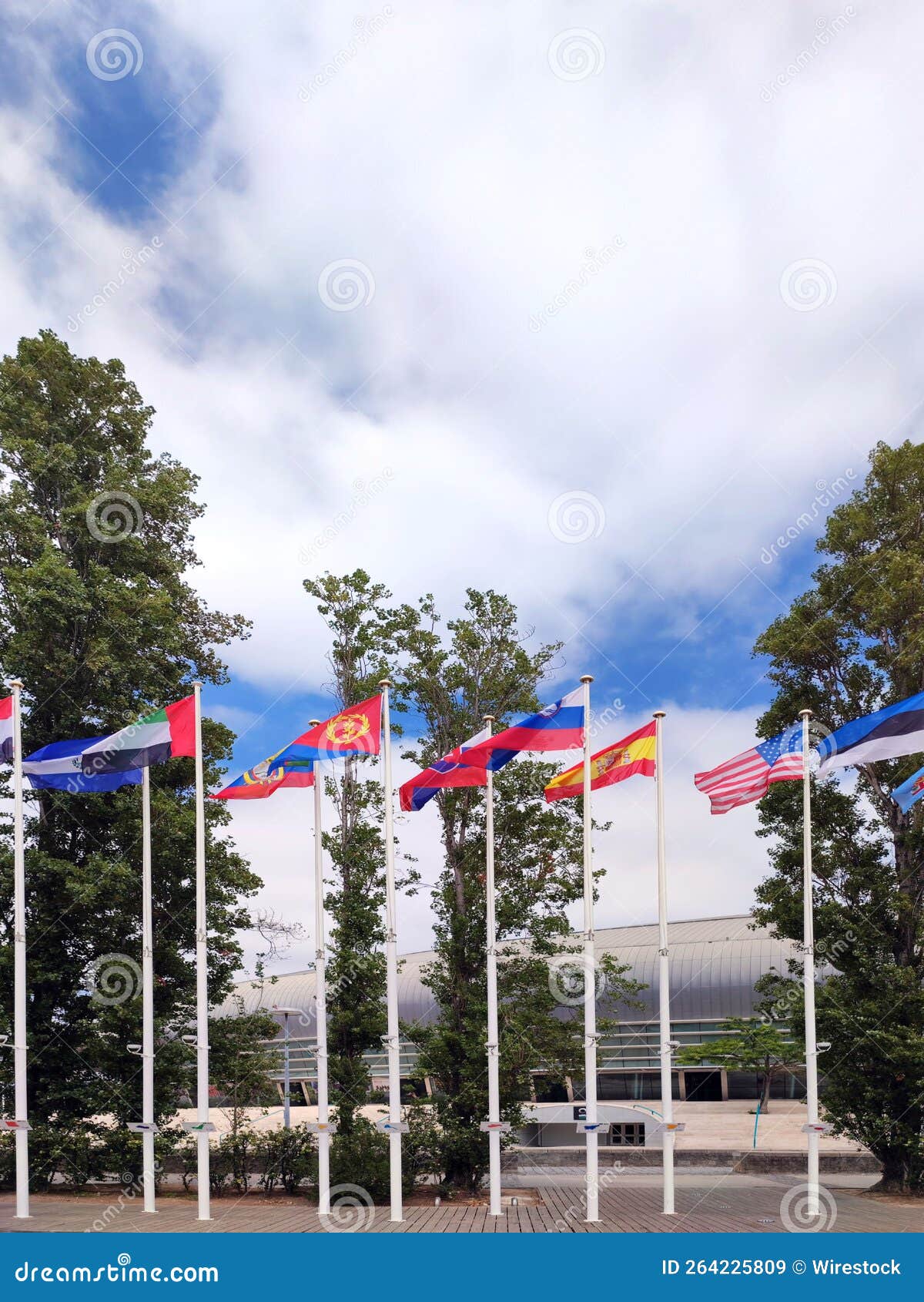 vertical shot of a row of flags of different countries on white pols under a cloudy sky.
