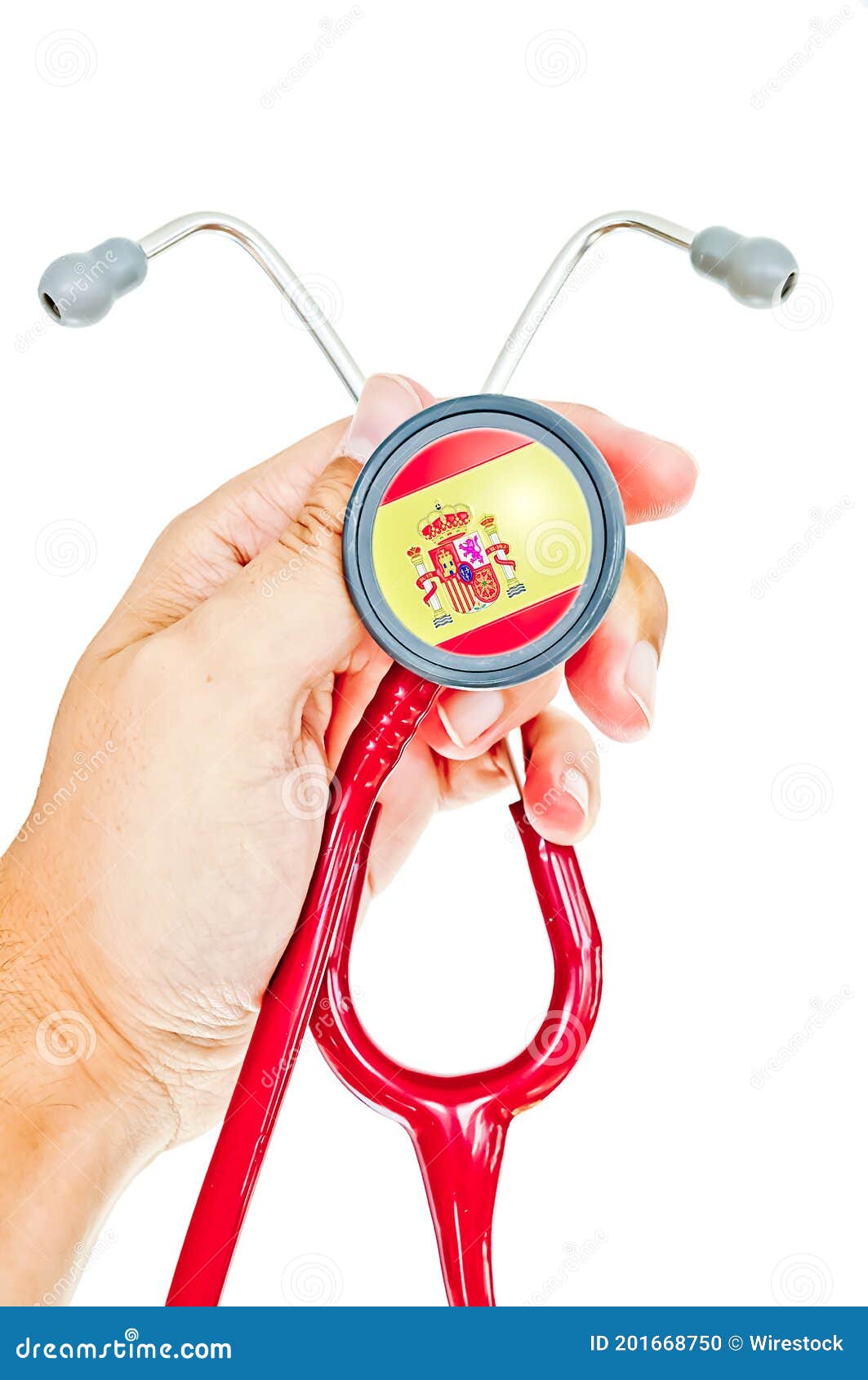 Vertical Shot of a Stethoscope with a Spanish Flag Isolated on a White