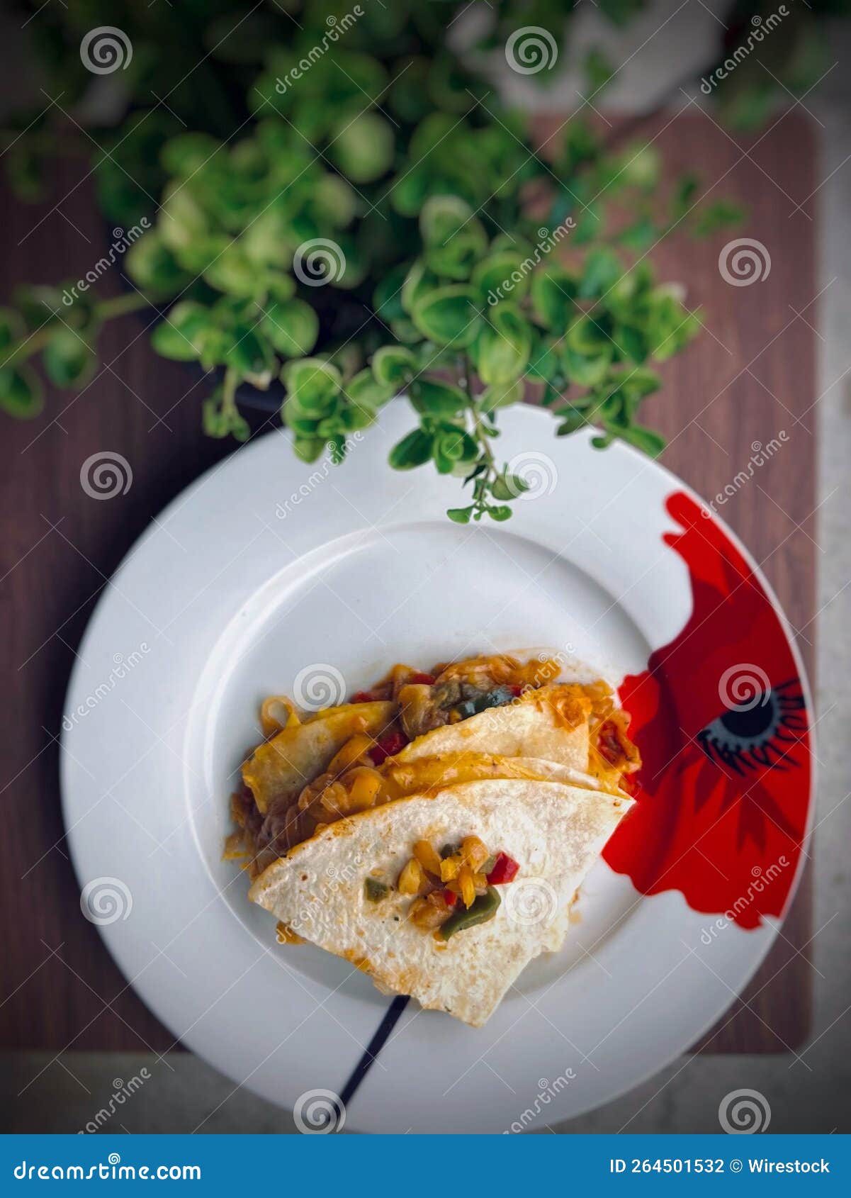 Vertical Top Shot of Quesadilla on the Plate for Breakfast Stock Photo
