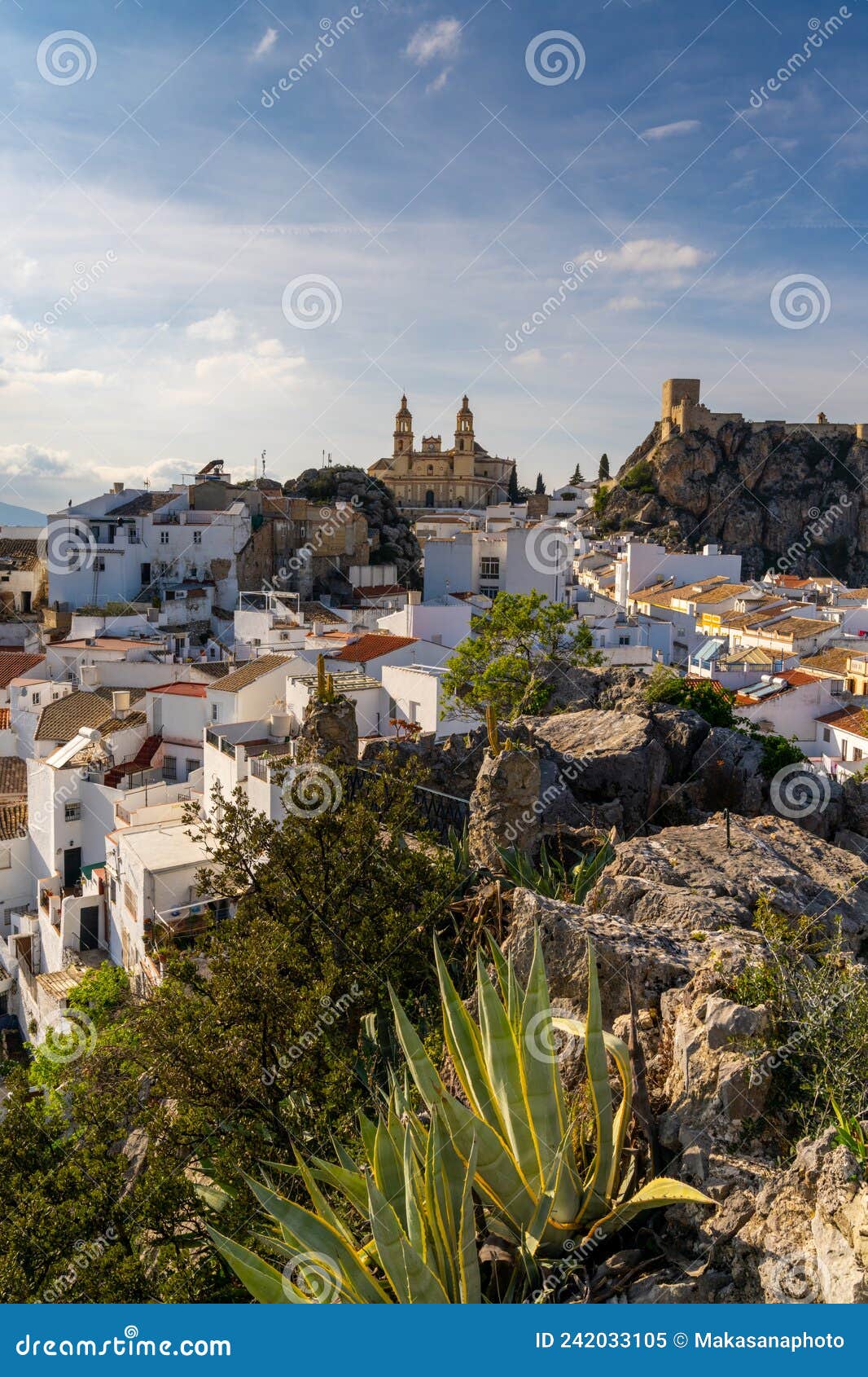 vertical view of the picturesque whitewashed village of olvera in andalusia