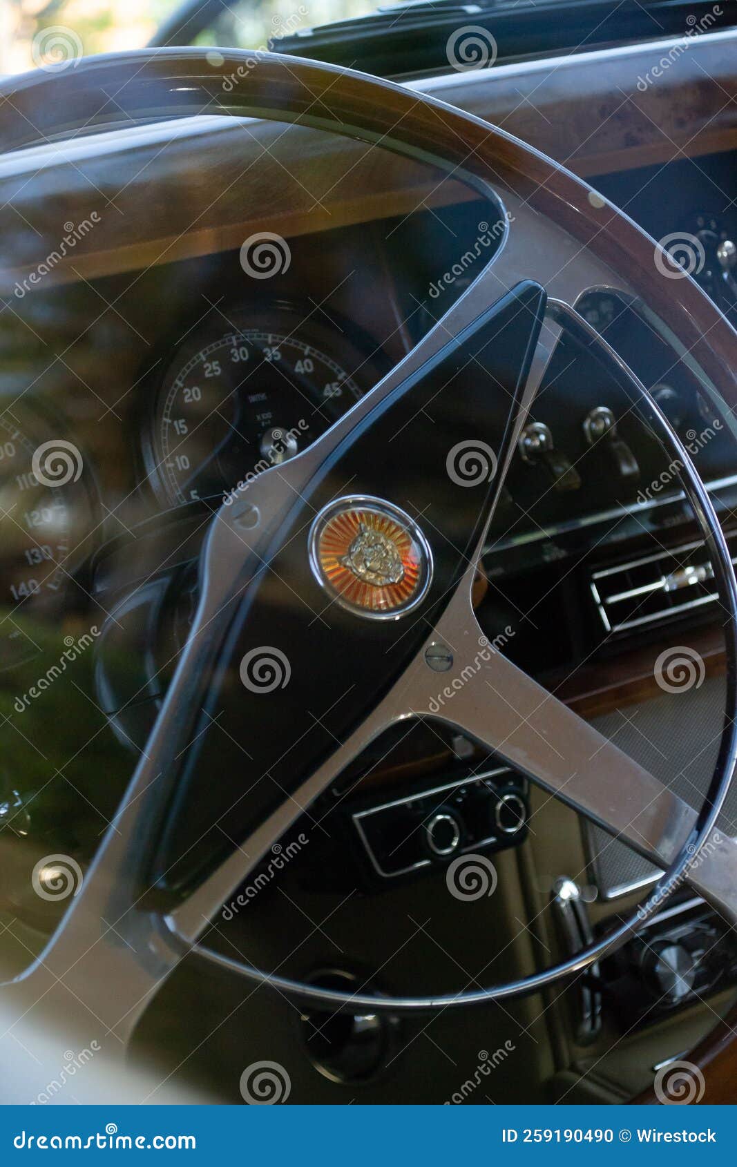 Vertical View of the Steering Wheel of a Jaguar Classic Car Editorial