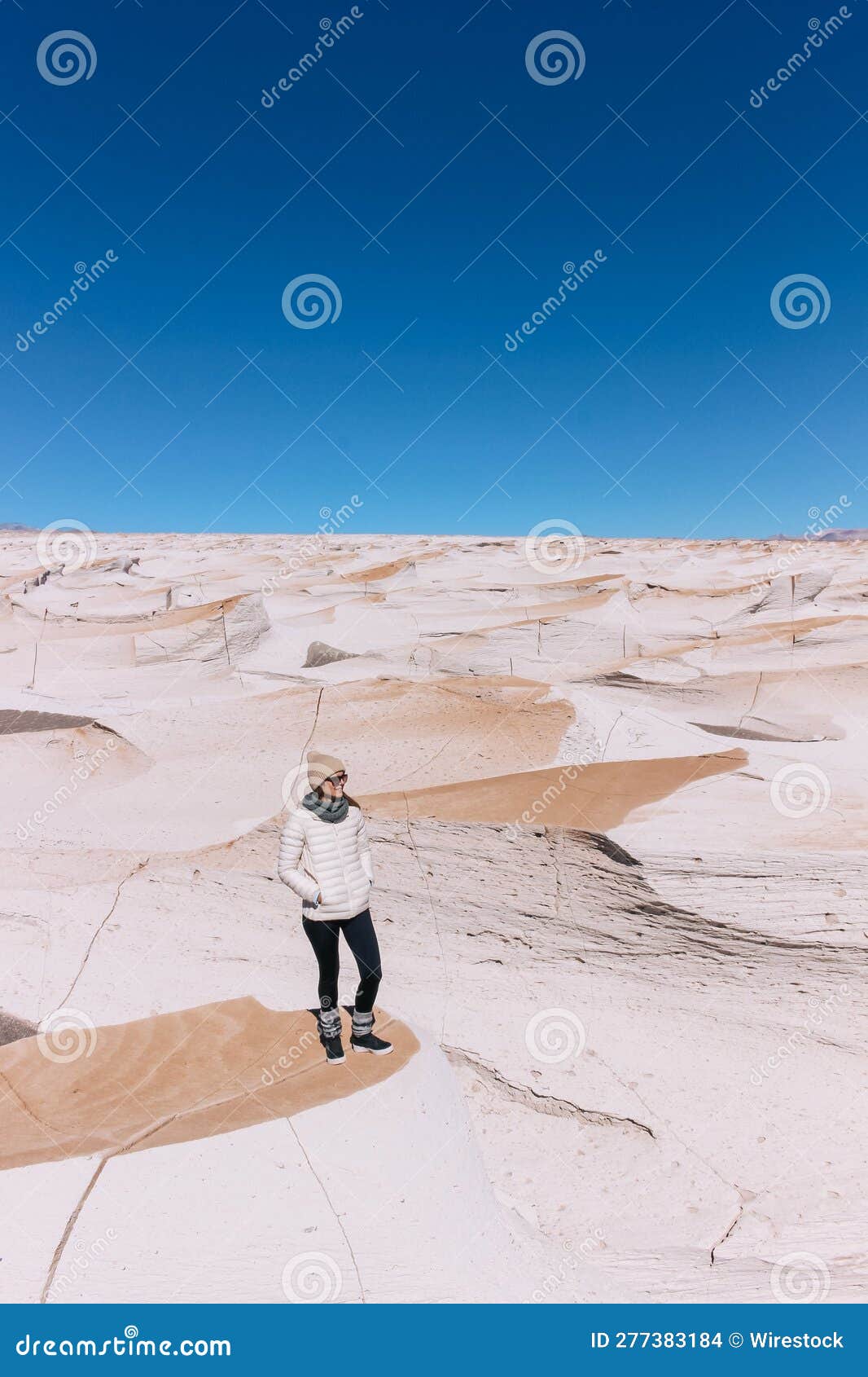 vertical of a woman standing at campo de piedra pomez, catamarca, argentina