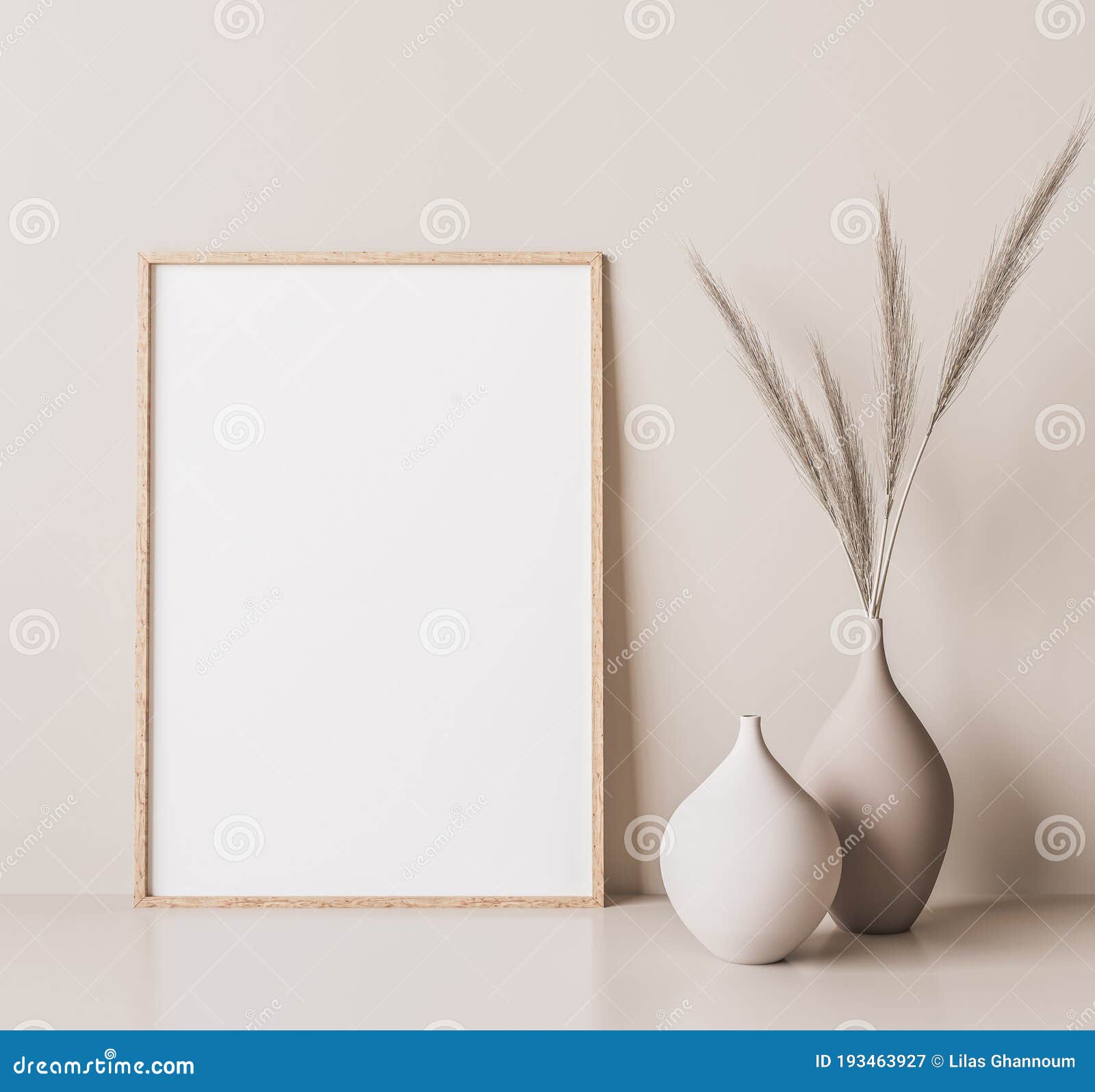 vertical wooden frame mock up. wooden frame poster, and simple vase with pampas on beige wall