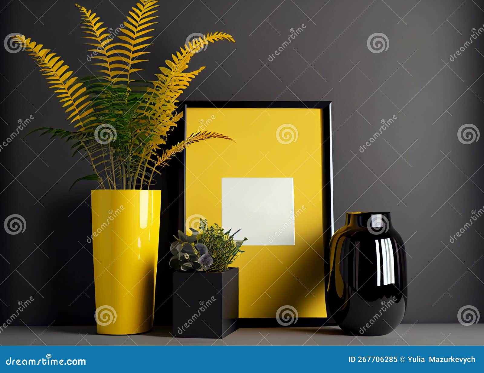 Vertical Yellow Frame with Vase of Flowers Over Wall. Mockup AI