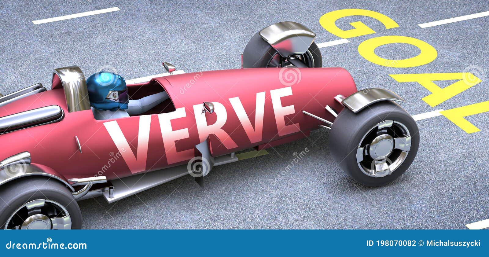 verve helps reaching goals, pictured as a race car with a phrase verve as a metaphor of verve playing important role in getting