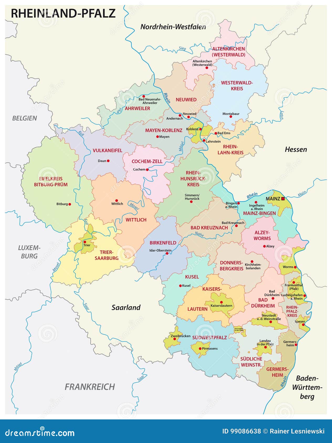 Verwaltungs- Und Politische Karte Des Staates Von Rheinland-Pfalz In Der Deutschen Sprache
