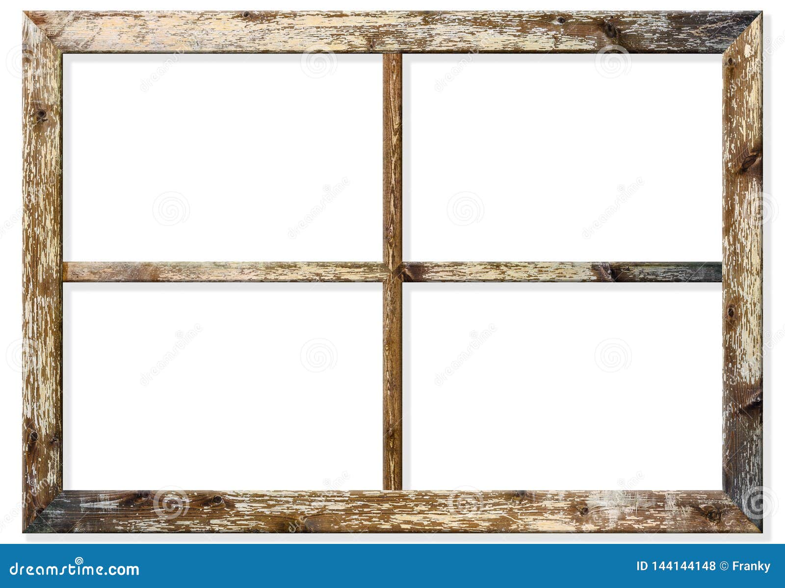 very aged wooden window frame with cracked paint on it, mounted on a grunge wall