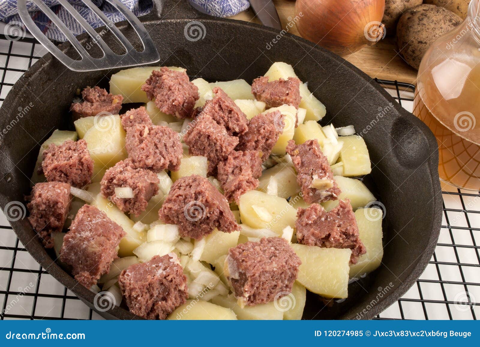 Raw Corned Beef Hash in a Cast Iron Pan Stock Image Image of