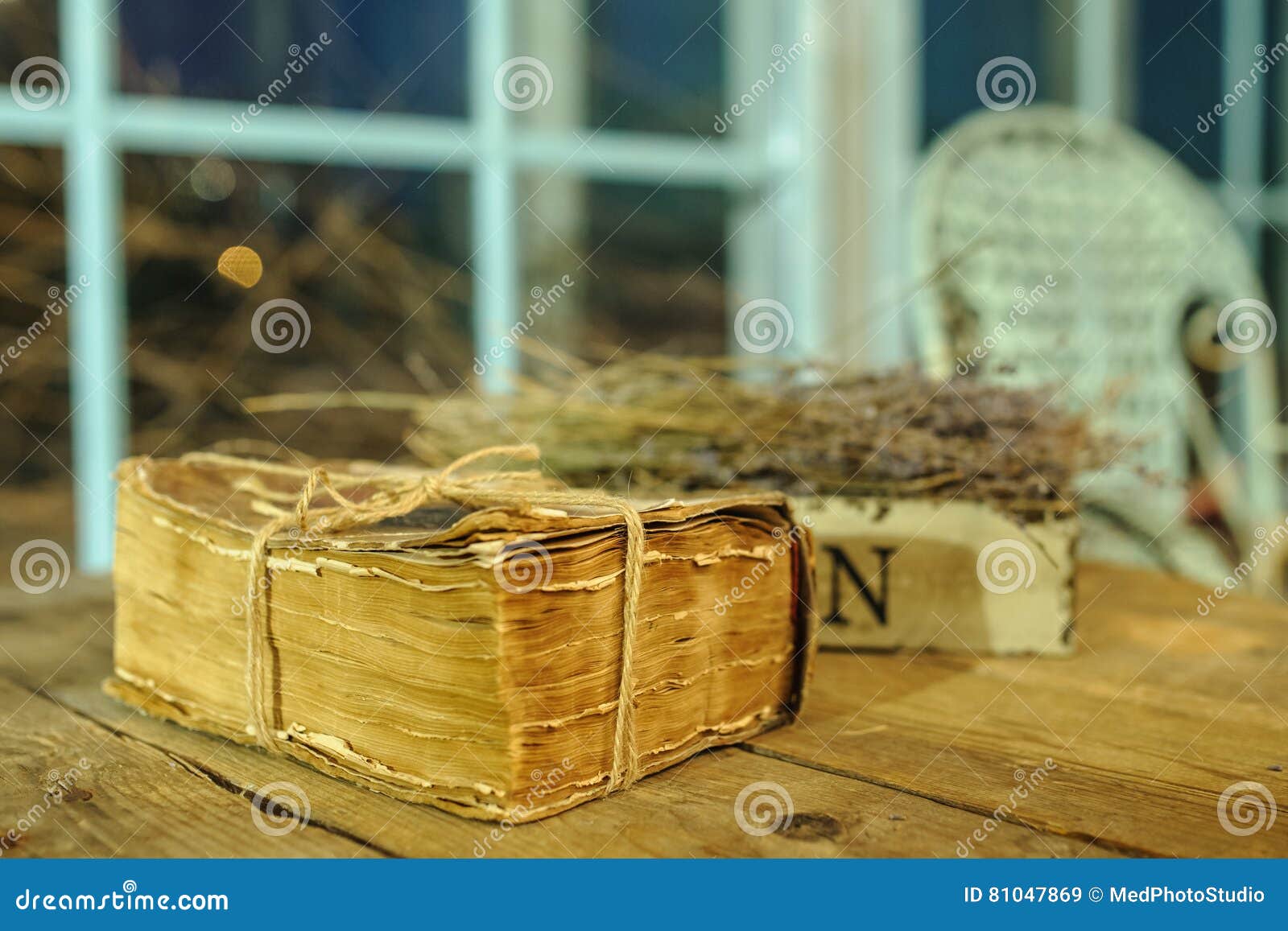 Very Old Book on the Table with Lavender Decoration Stock Image Image