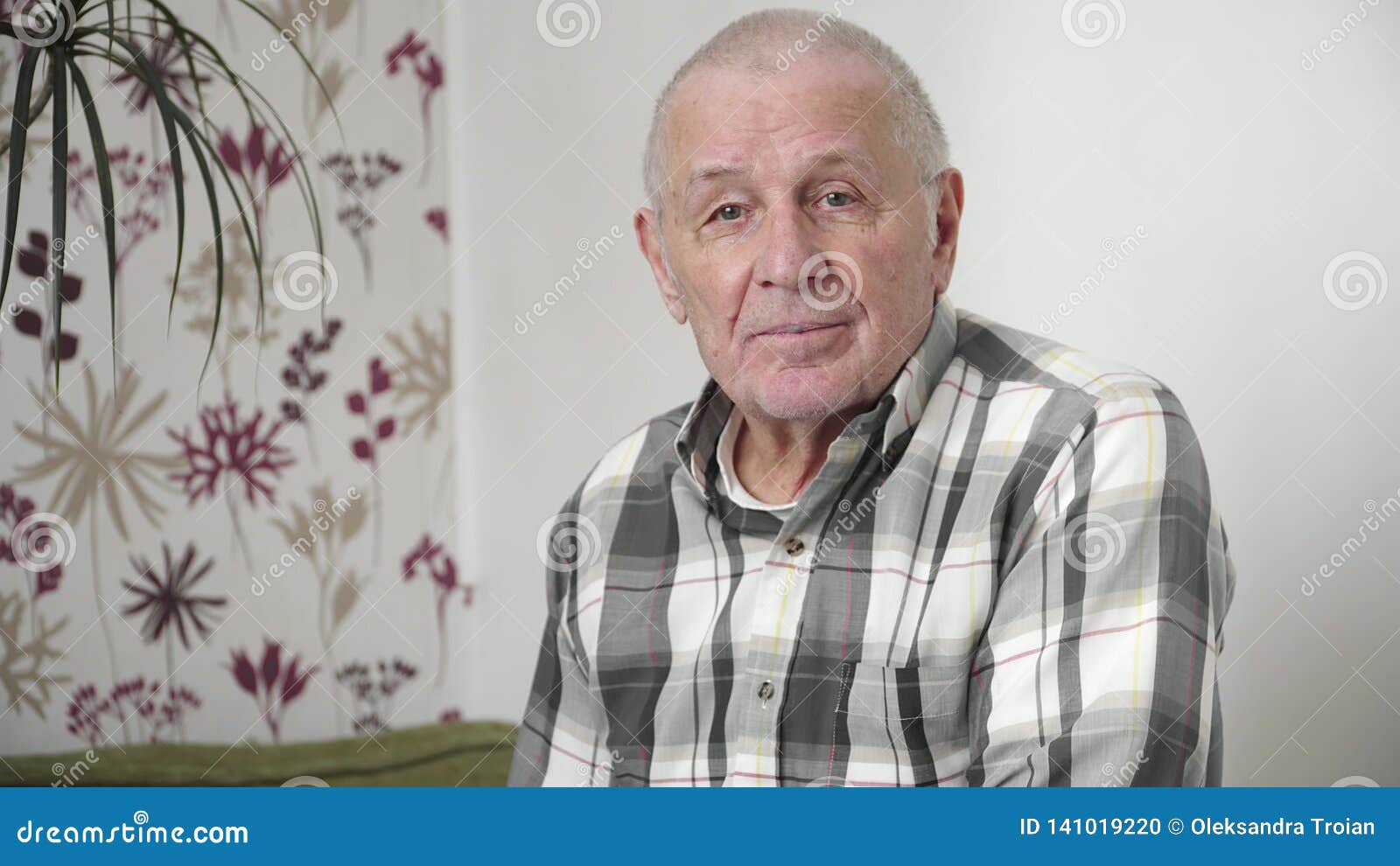 very old man portrait in thoughts home looking at camera 4k