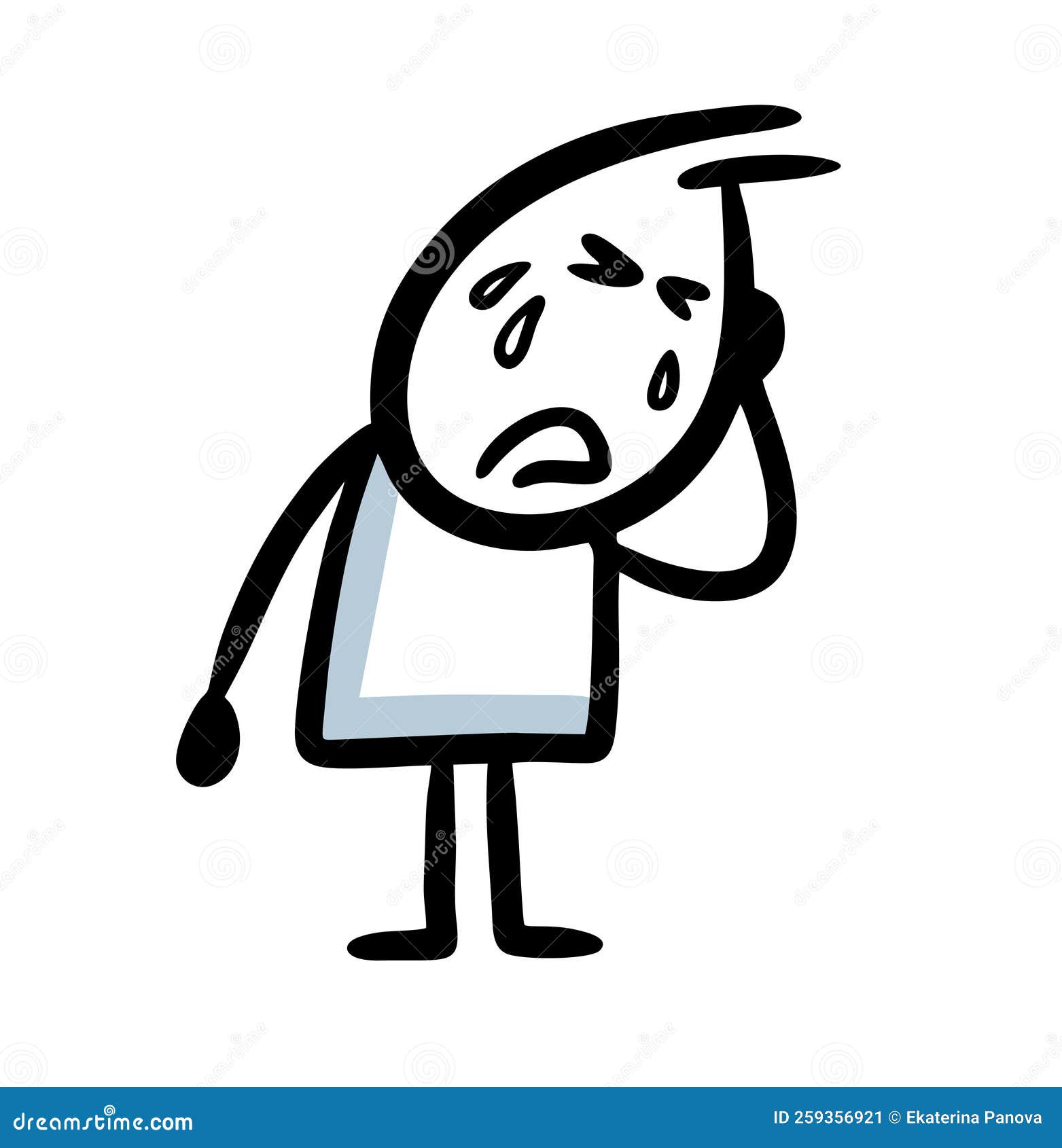 Very Sad Cartoon Stickman Crying with Tears. Stock Vector
