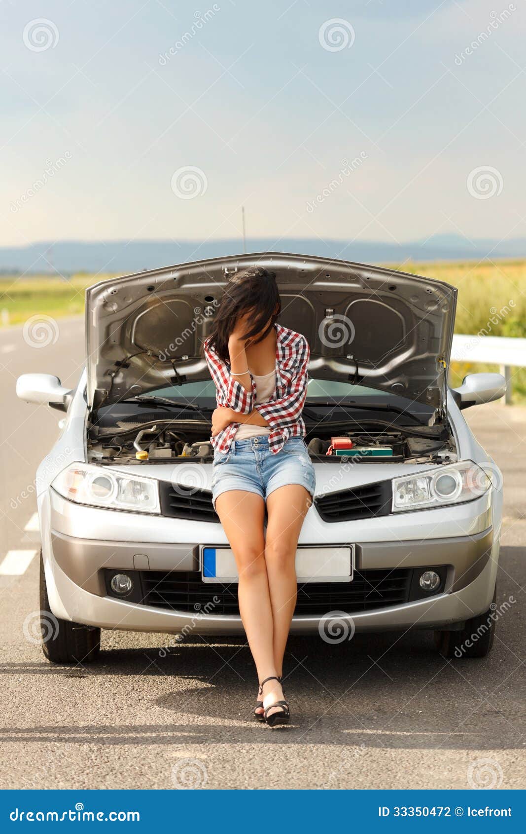 Very Sad Woman in Front of Broken Car Stock Photo - Image of ...