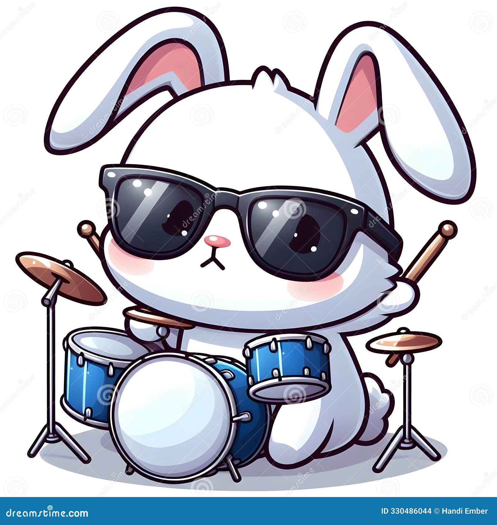 cute white rabbit using sunglasses and playing drum printable print