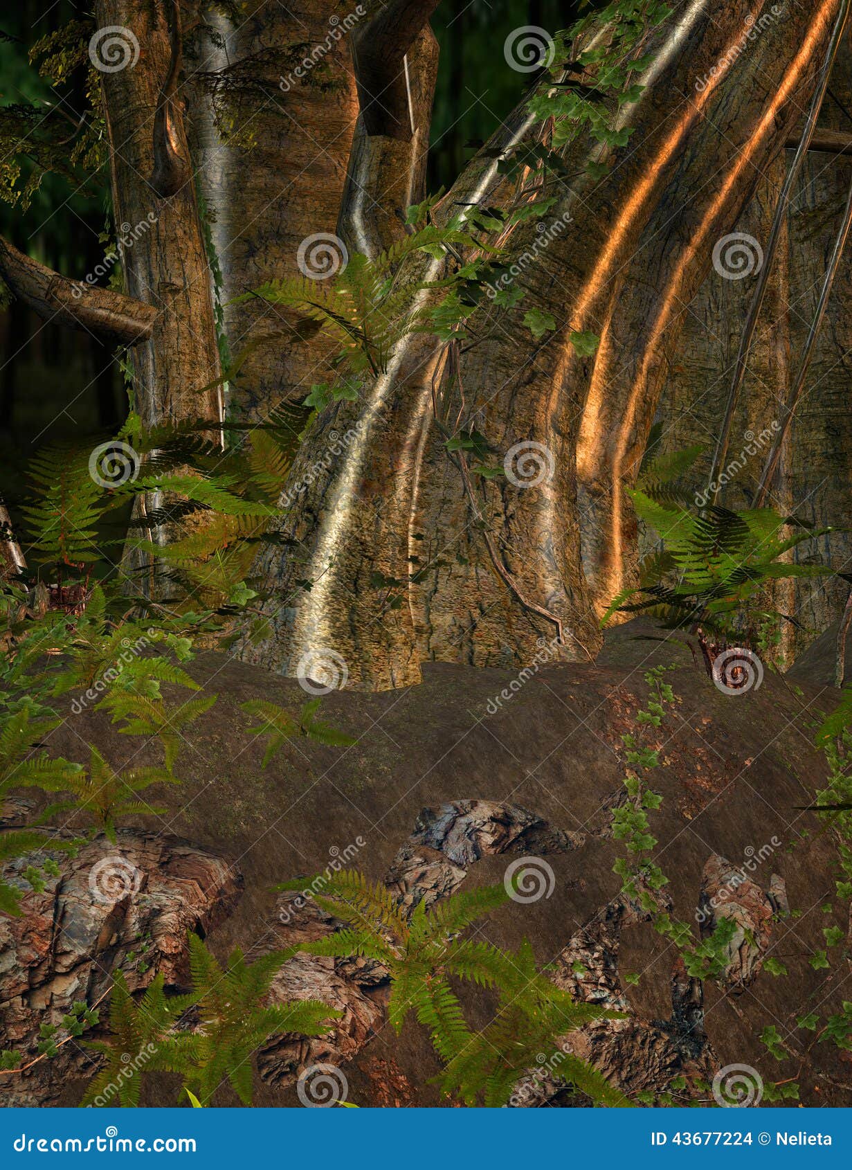 Verzauberter goldener Wald. 3D Digital übertragen von einem Waldszenenhintergrund