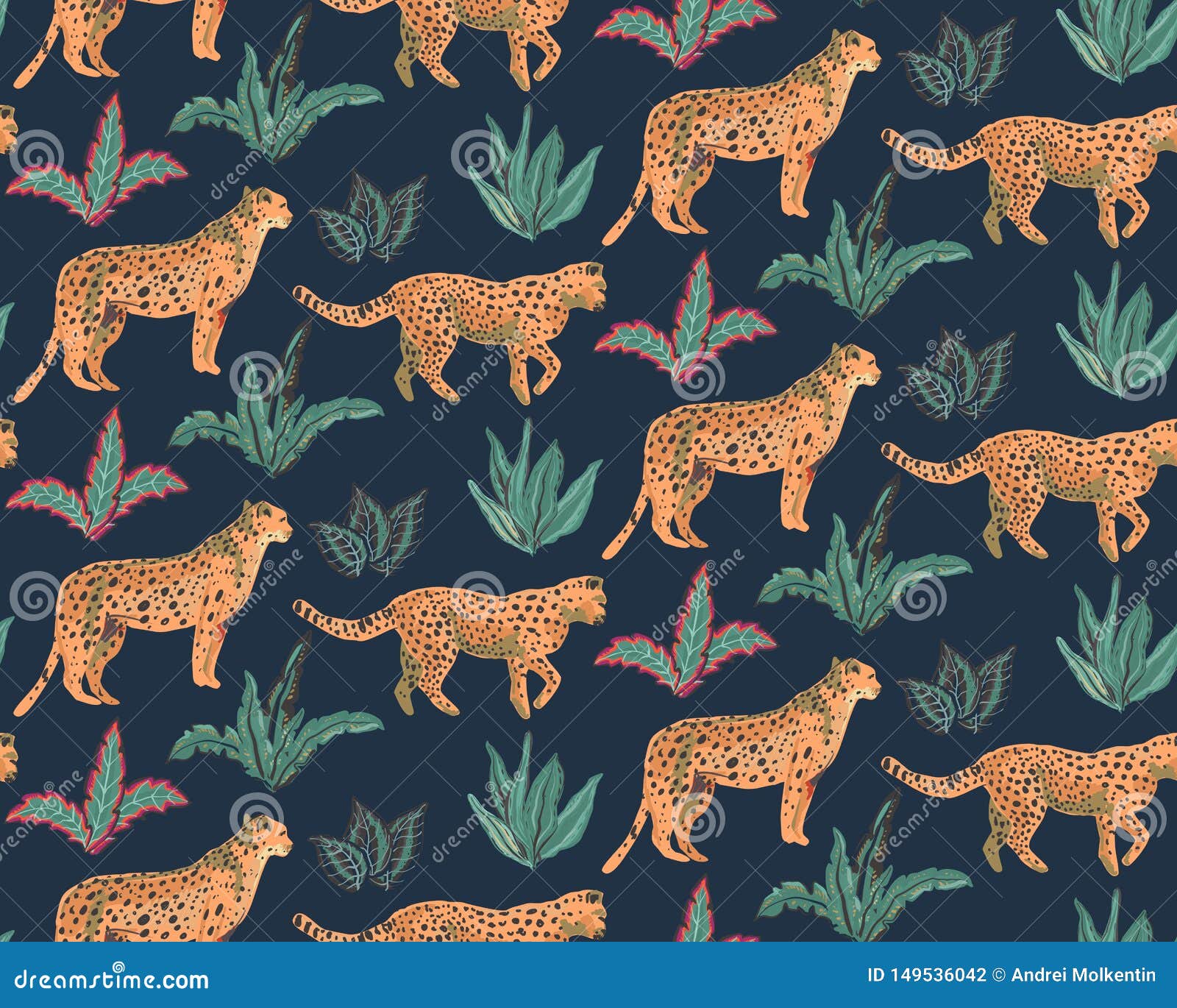 Vestor Seamless Pattern with Jaguars, Tropical Leaves and Plants. Stock ...