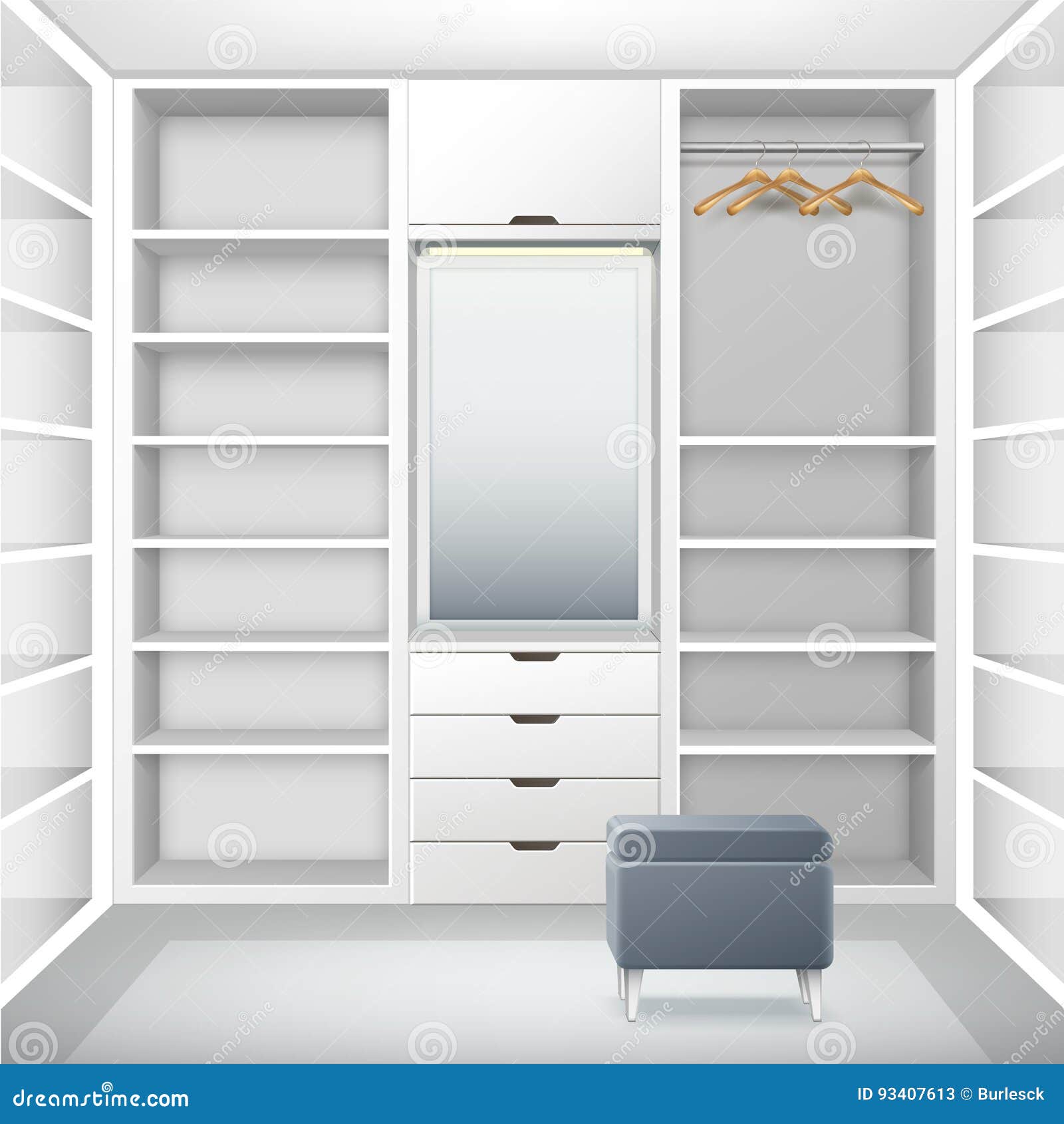 Vector el vestuario vacío blanco con vista delantera de los estantes, de los cajones, de las suspensiones, del espejo y del taburete gris